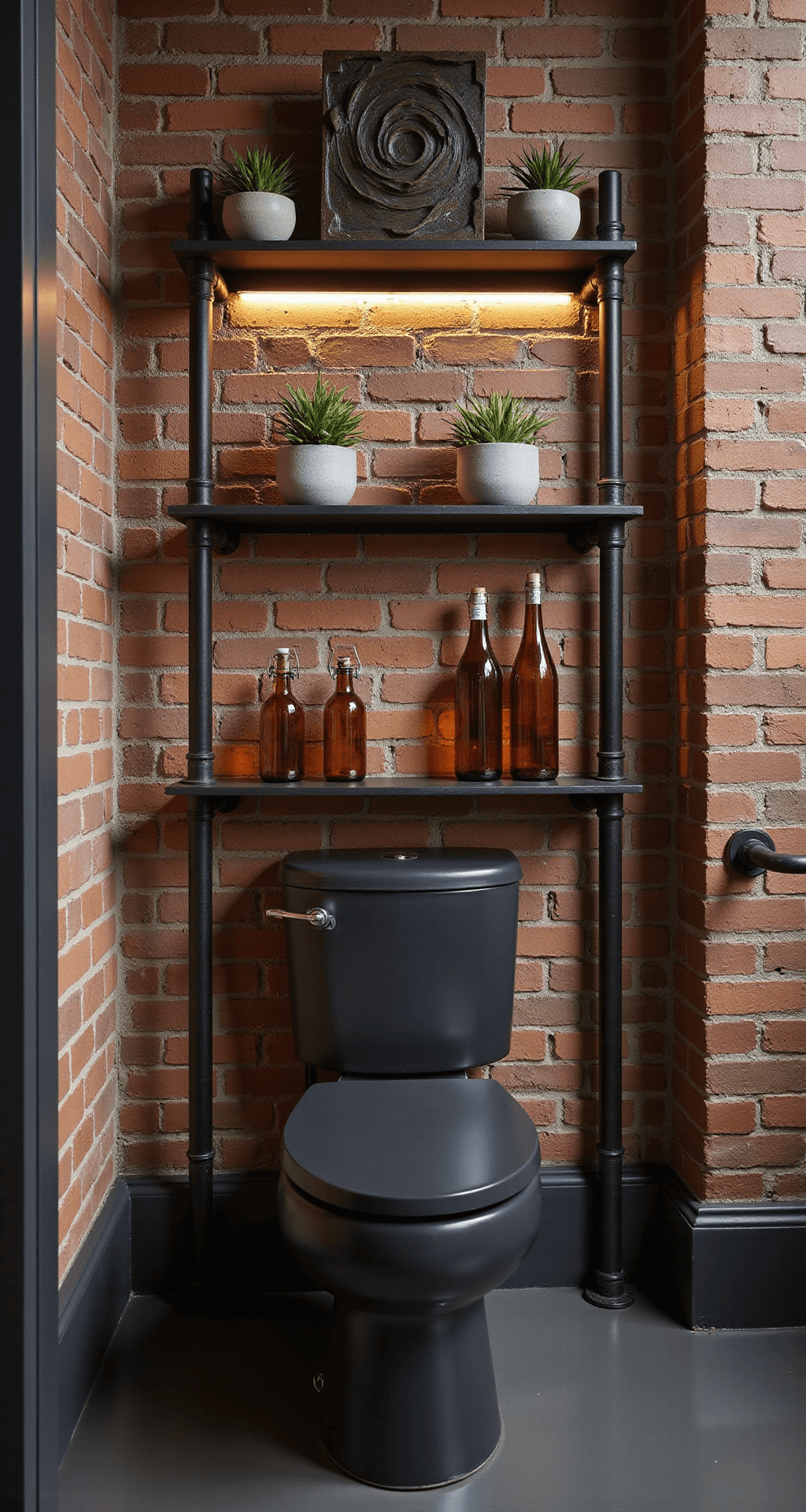 Elevate Your Bathroom: Stunning Shelf Decor Ideas Over the Toilet Industrial modern bathroom featuring a dusky atmosphere with an exposed brick wall. The matte black toilet is complemented by a black pipe shelving system above, illuminated by ambient LED strip lighting. Concrete planters with air plants adorn the bottom shelf, vintage amber bottles are on the middle shelf, and an abstract metal wall sculpture is showcased on the top shelf. The shot is taken from a low angle, emphasizing the height and highlighting a charcoal, rust, and amber color palette with moody directional lighting that accentuates the various textures.
