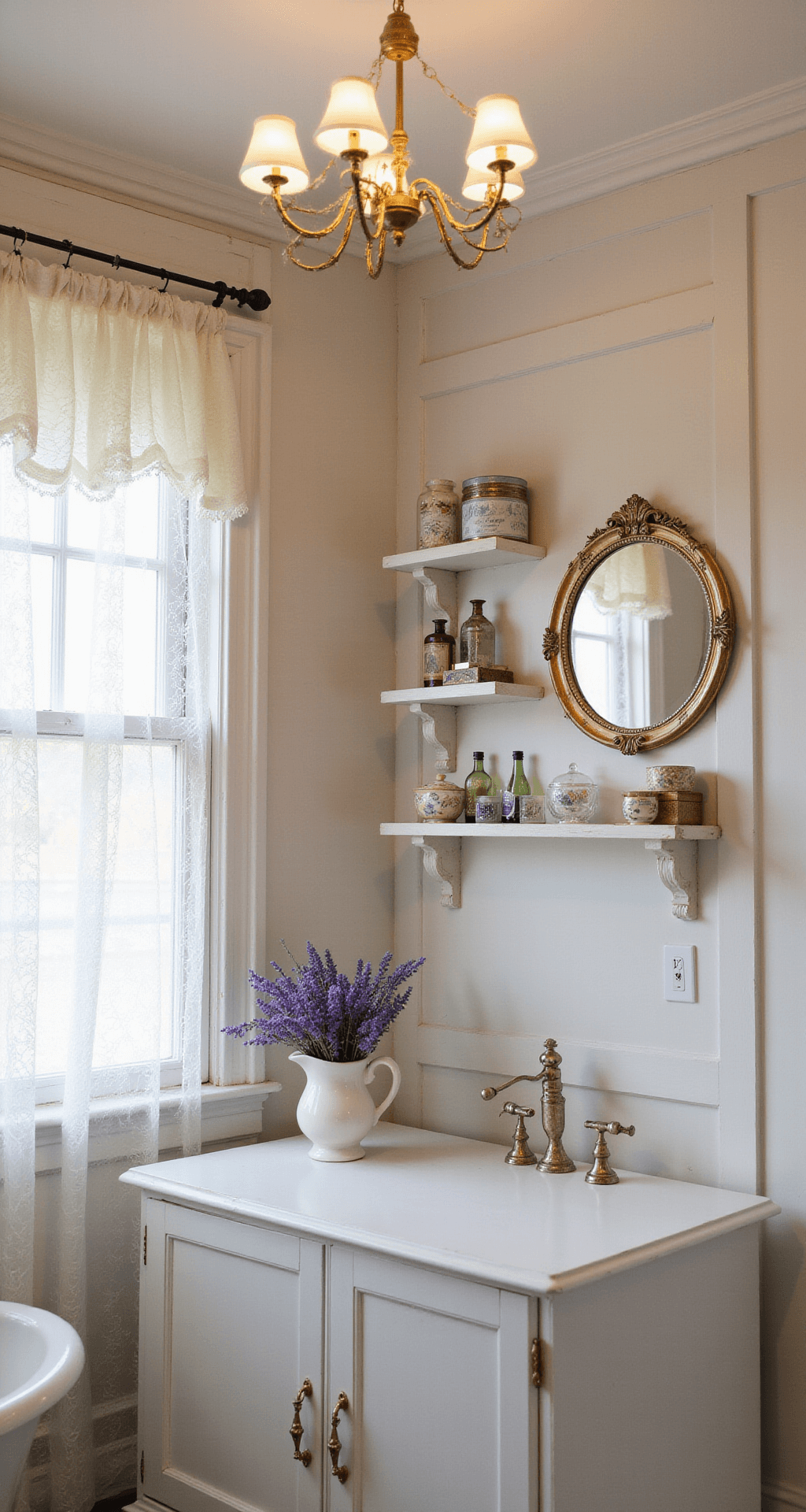 Elevate Your Bathroom: Stunning Shelf Decor Ideas Over the Toilet A charming French country bathroom features soft natural light filtering through lace curtains, illuminating distressed white wooden shelves adorned with decorative brackets. The lower shelf showcases a lavender bouquet in a vintage pitcher, while the middle shelf displays antique perfume bottles. The top shelf holds a gilt-framed mirror and porcelain trinket boxes. A chandelier adds elegance to the pastel and cream palette with gold accents in this romantic, softly focused scene.