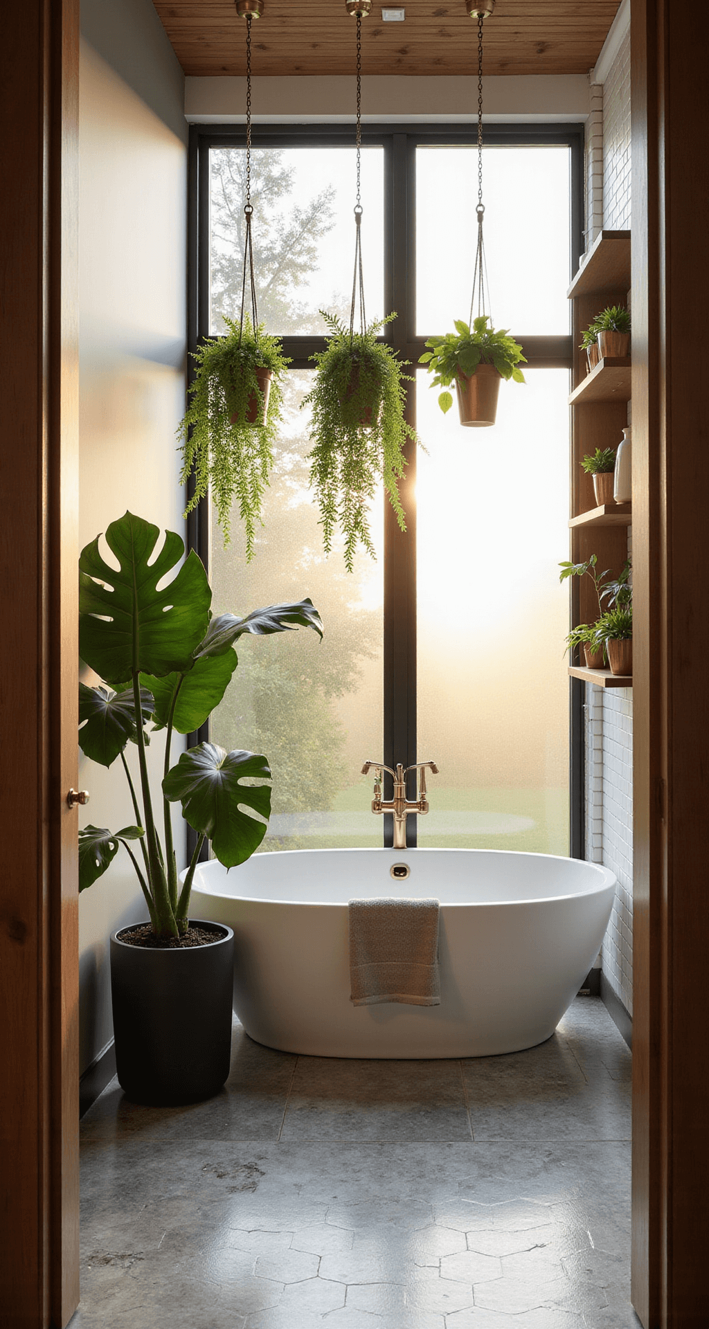Bathroom Plant Décor: Transform Your Space into a Lush Oasis A serene luxury bathroom featuring a freestanding oval tub illuminated by early morning golden light, surrounded by floor-to-ceiling windows and adorned with a mature Monstera Deliciosa in a matte black ceramic planter, marble hexagon tiles, white subway walls, cascading Boston Ferns from brass planters, and walnut floating shelves with pothos plants in copper pots.