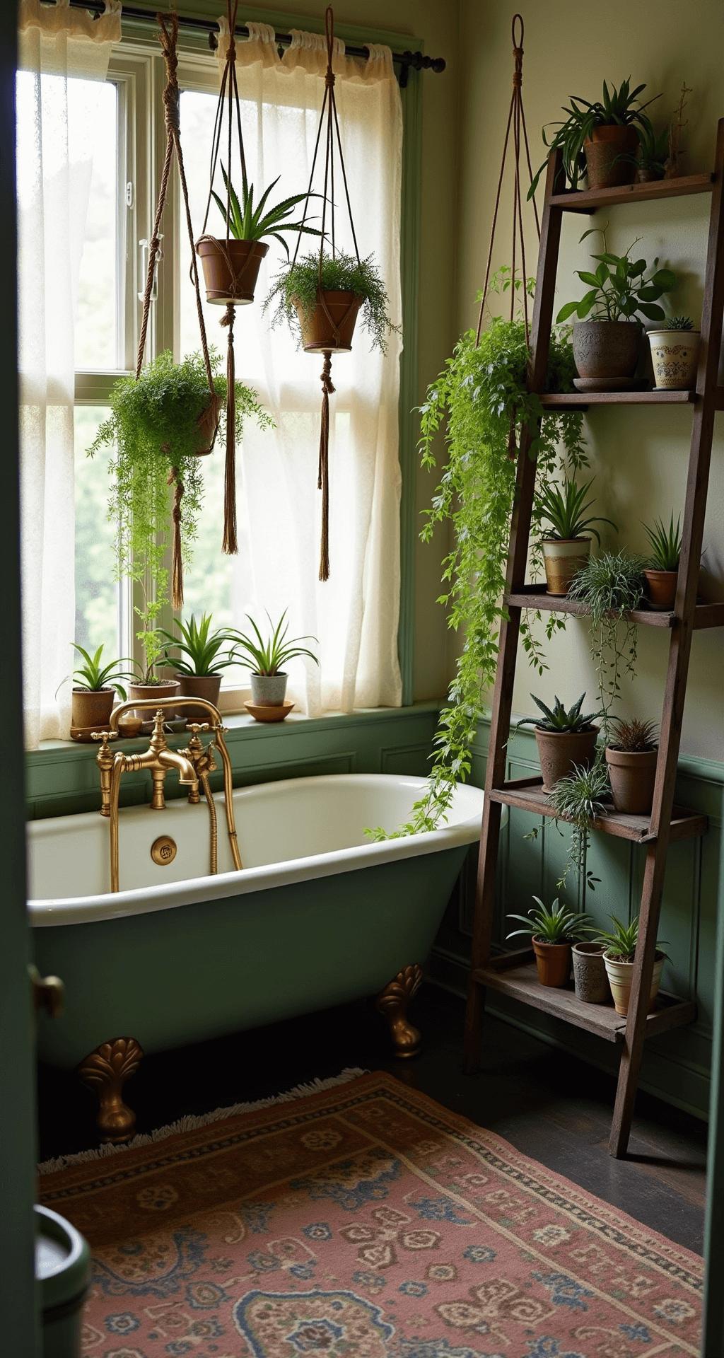 Bathroom Plant Décor: Transform Your Space into a Lush Oasis A cozy bohemian vintage bathroom featuring original 1920s elements, with a sage green clawfoot tub, lace curtains, and natural light illuminating macramé plant hangers filled with ferns and ivy. The scene includes brass fixtures, a Persian rug, and an antique ladder shelf displaying mismatched ceramic planters.