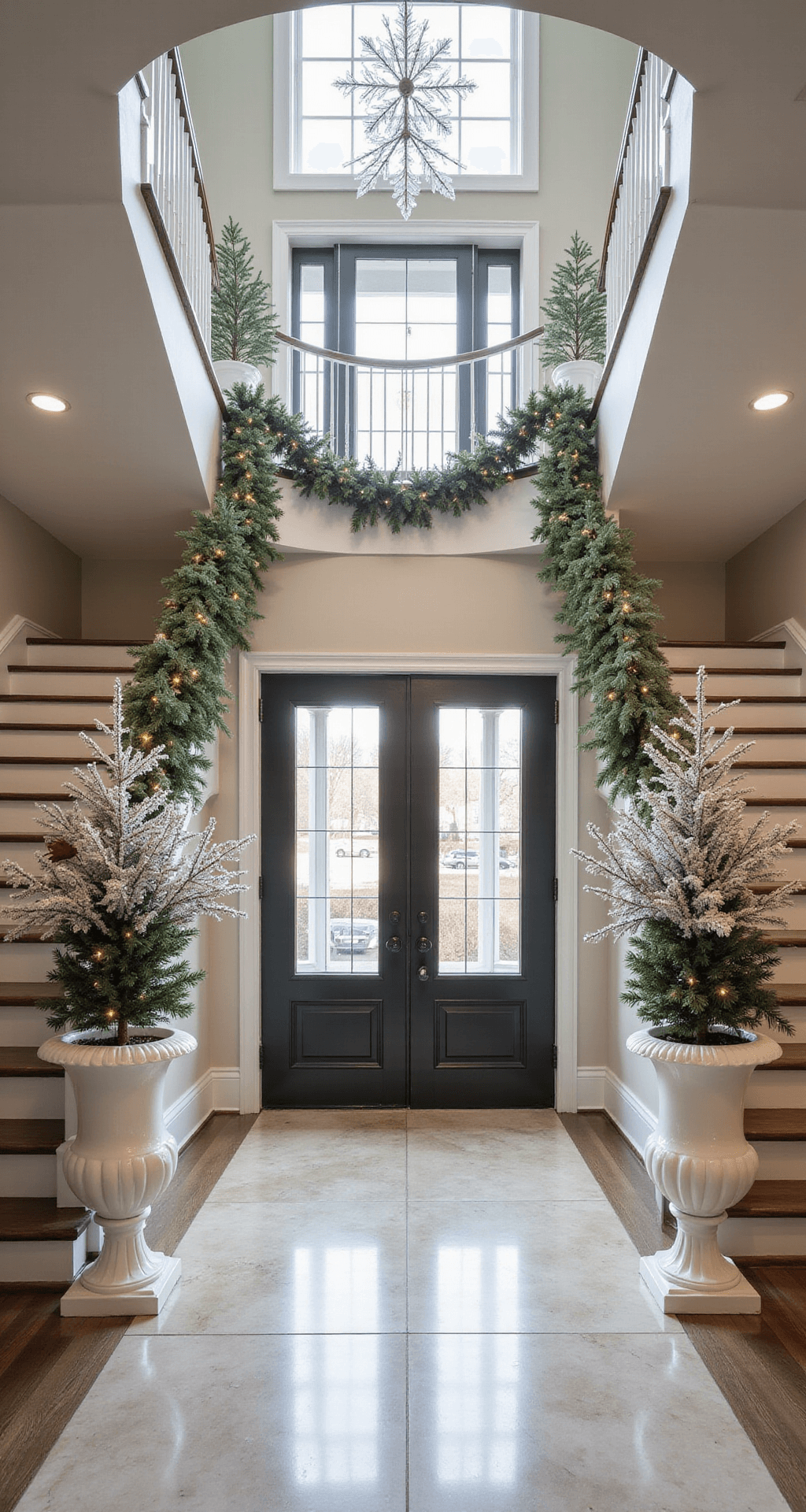 A grand entrance foyer featuring a sweeping staircase adorned with white pine garland and micro LED lights, flanked by oversized white ceramic urns filled with flocked branches. Marble floors reflect natural light from a skylight, while crystal snowflake ornaments hang from above, captured in a wide-angle view from the second story for a dramatic effect.