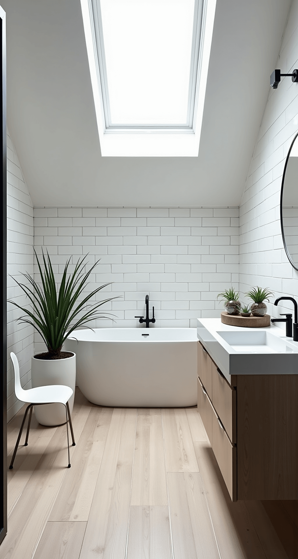 Bathroom Plant Décor: Transform Your Space into a Lush Oasis A minimalist Scandinavian bathroom featuring a floating vanity, freestanding tub, and a single dramatic ZZ plant in an oversized white ceramic vessel, illuminated by diffused midday light through a skylight. White subway tiles and pale oak flooring create a serene atmosphere, while matte black fixtures add contrast. A Ghost Chair holds glass terrariums with air plants, capturing geometric lines and negative space in a high-angle shot.