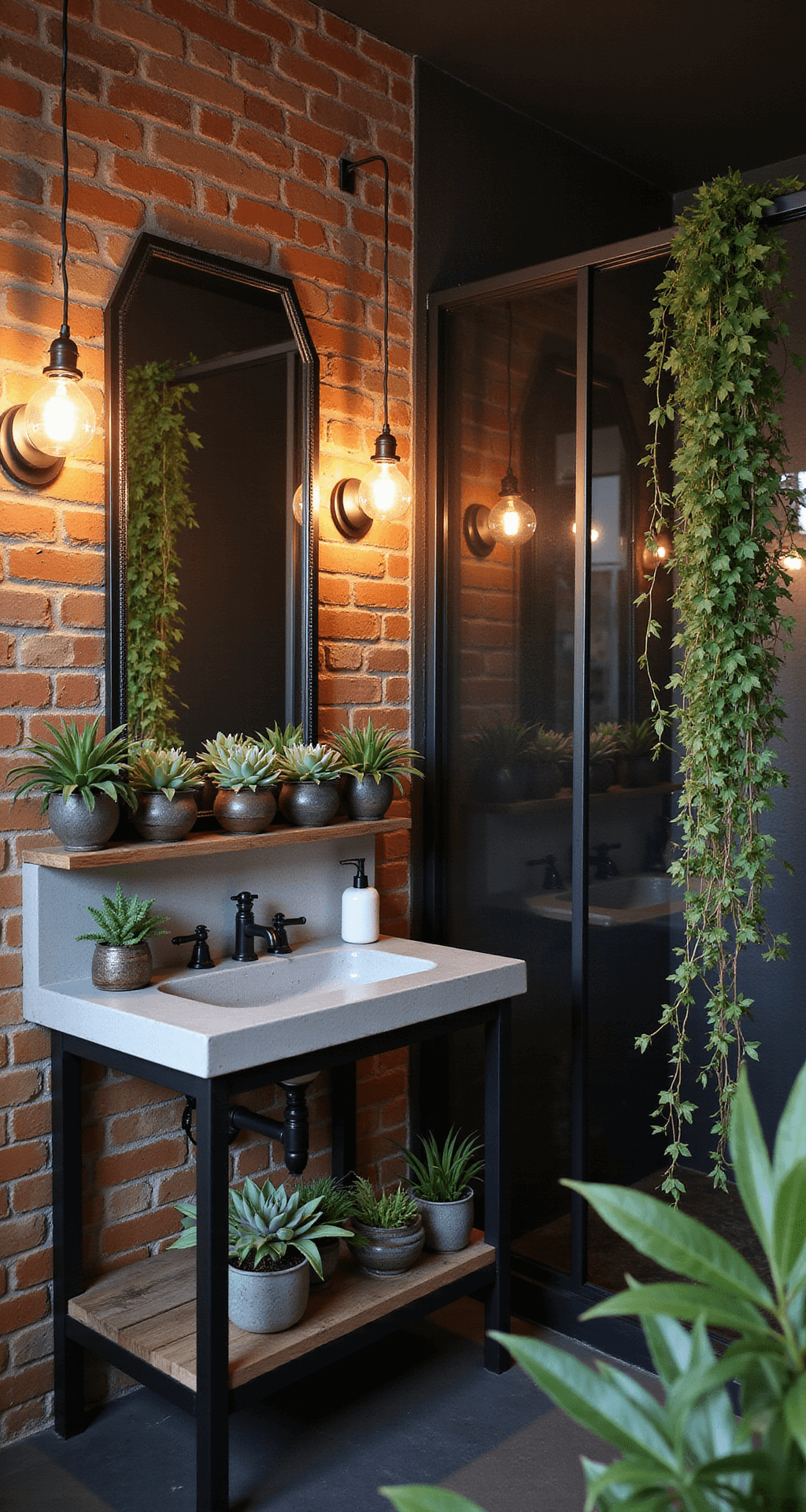 Bathroom Plant Décor: Transform Your Space into a Lush Oasis Industrial modern bathroom featuring an exposed brick wall, concrete vanity with succulents in metal geometric planters, a black steel-framed shower enclosure with pothos vines, and reclaimed wood shelving with vintage test tube propagation stations, all under moody evening lighting from Edison bulb sconces.