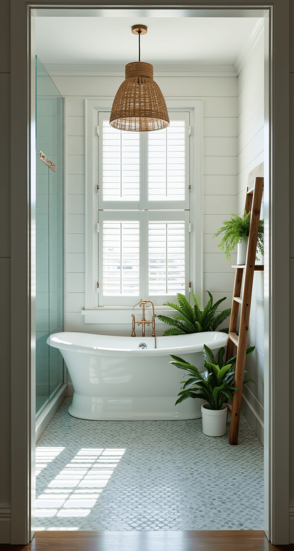 Bathroom Plant Décor: Transform Your Space into a Lush Oasis A bright and airy coastal spa bathroom featuring white shiplap walls, blue penny tile floor, and plantation shutters. Mid-morning light casts dappled shadows across the room. A freestanding tub is illuminated beneath a rattan pendant light, surrounded by Boston ferns in white ceramic planters. Eucalyptus bundles hang in the corner shower, while a bamboo ladder shelf displays seaside-inspired vessels and air plants. The wide-angle shot from the doorway encapsulates a relaxed luxury atmosphere.