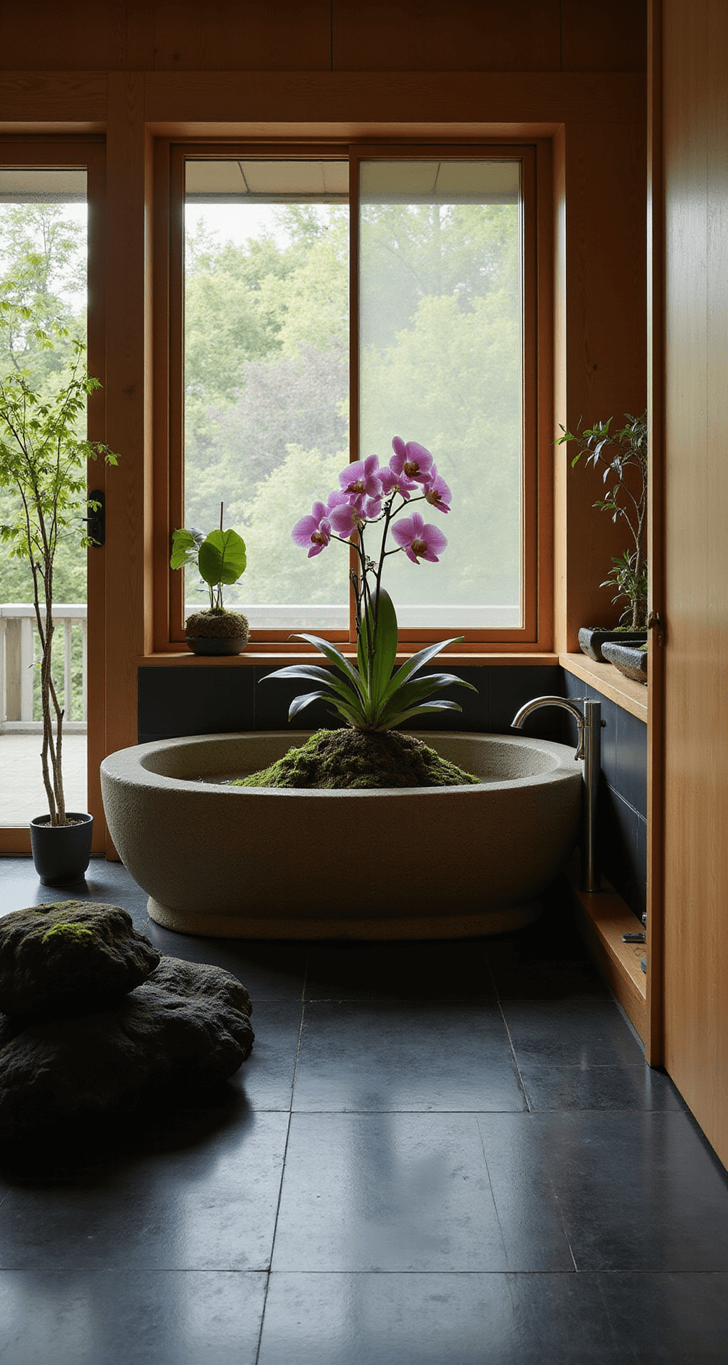Bathroom Plant Décor: Transform Your Space into a Lush Oasis A serene Japanese zen bathroom featuring a shoji screen window with dawn light casting soft shadows. The space has black slate flooring and cedar wall panels, a large stone soaking tub accented by a single dramatic orchid, and a minimal bamboo shelf displaying a perfectly pruned bonsai collection. Black river rocks and moss details enhance the tranquil atmosphere, captured from a low camera position to emphasize horizontal lines and plant silhouettes.