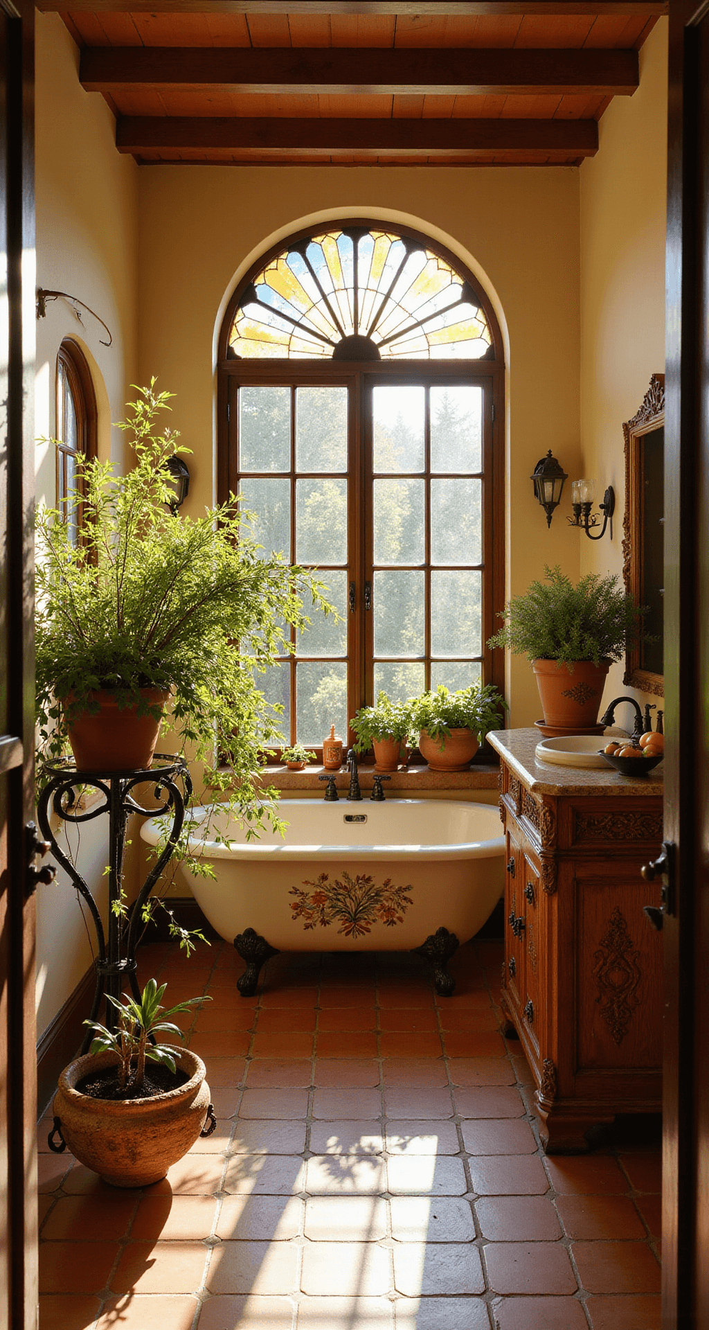 Bathroom Plant Décor: Transform Your Space into a Lush Oasis A Mediterranean revival bathroom featuring an arched window with colored glass, terracotta floor tiles, a hand-painted ceramic sink, and a wrought iron plant stand with cascading ivy and flowering jasmine. A carved wooden cabinet holds terra cotta pots with herbs and small citrus, all illuminated by warm golden hour light that emphasizes the room's grand scale and texture.