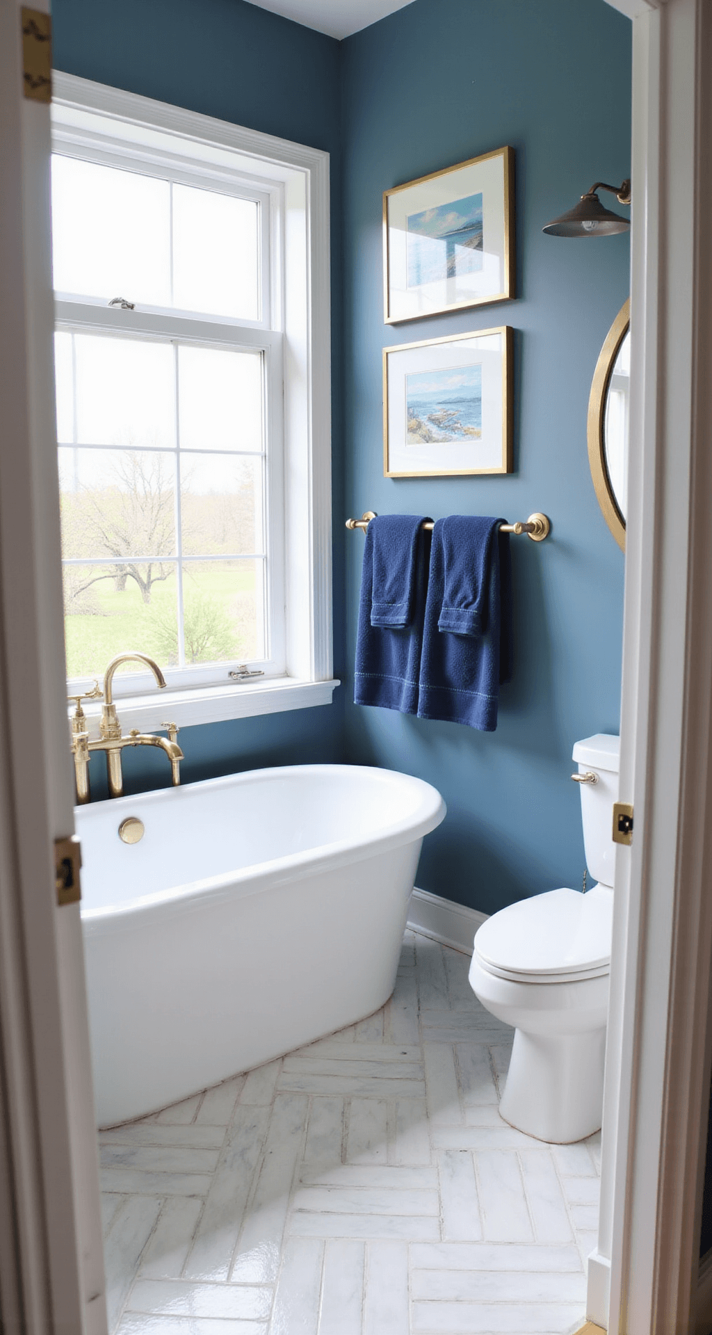 Blue Bathroom Decor: Transform Your Space into a Coastal Oasis A modern 10x12ft bathroom with Ocean Air blue walls, white trim, and a freestanding oval tub beneath a circular brass mirror, illuminated by morning sunlight through a frosted window, featuring herringbone marble floor tiles, navy blue towels on brushed gold hooks, and coastal artwork above the toilet, captured from the entrance doorway.
