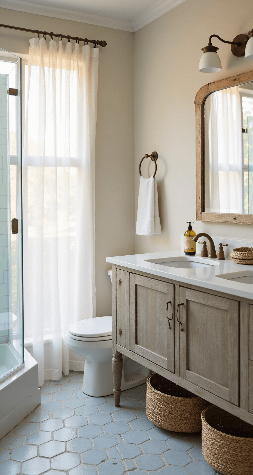 Blue Bathroom Decor: Transform Your Space into a Coastal Oasis A corner master bathroom featuring pale blue-gray oversized hexagon floor tiles, walls painted in Sherwin Williams 'Rain', and a white subway tile shower surround. A double vanity in weathered driftwood with a white quartz top is complemented by woven seagrass baskets beneath. Sheer white curtains filter warm golden hour light, creating a refined coastal atmosphere. The low angle shot emphasizes the vertical space and soft side lighting highlights the textures.
