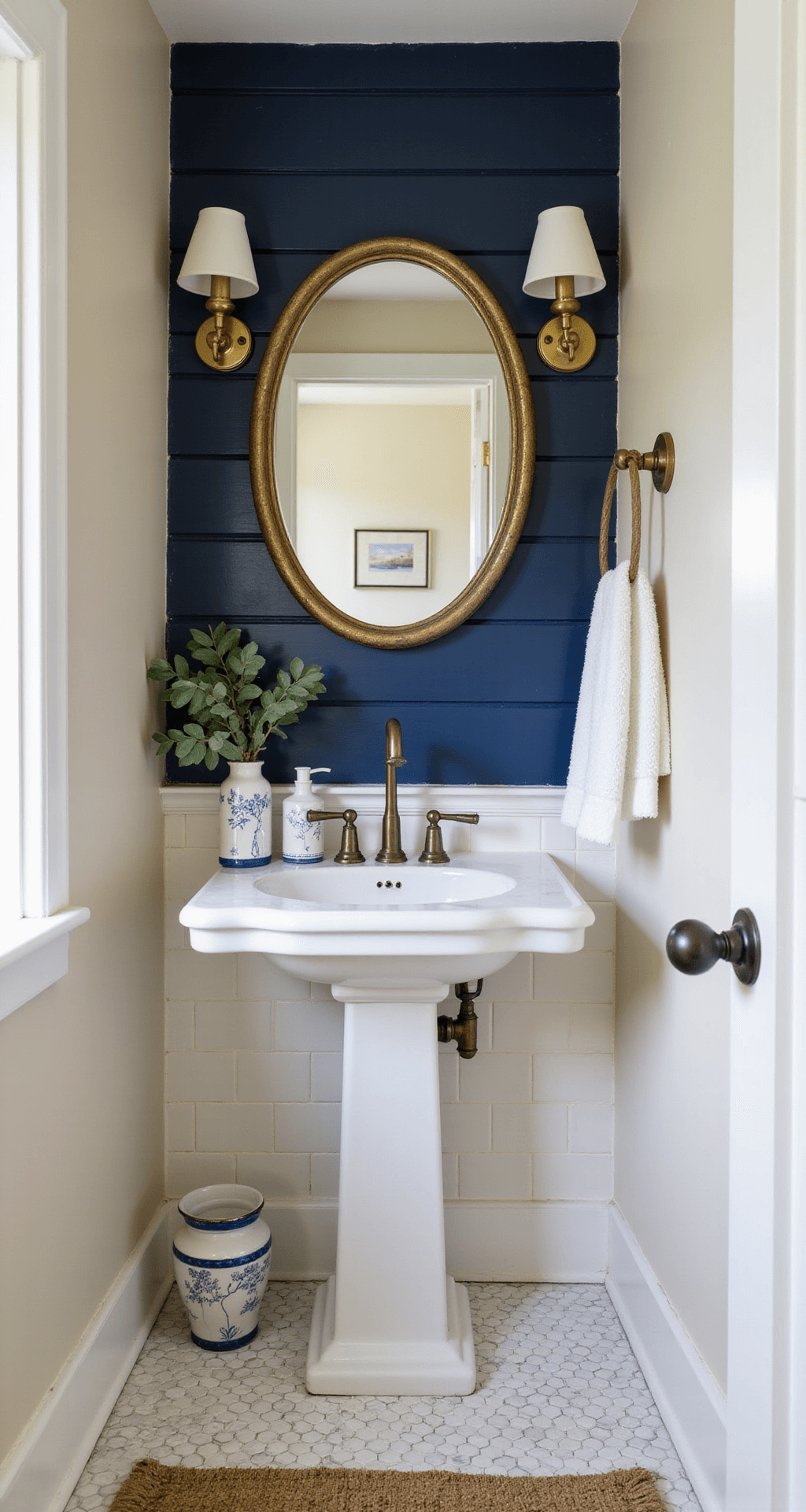 Blue Bathroom Decor: Transform Your Space into a Coastal Oasis A cozy powder room featuring a navy blue shiplap accent wall behind a pedestal sink, cream walls, brass sconces with a vintage oval mirror, and a handwoven jute rug over marble hex tiles, accented by white ceramic accessories with blue details and a potted eucalyptus.