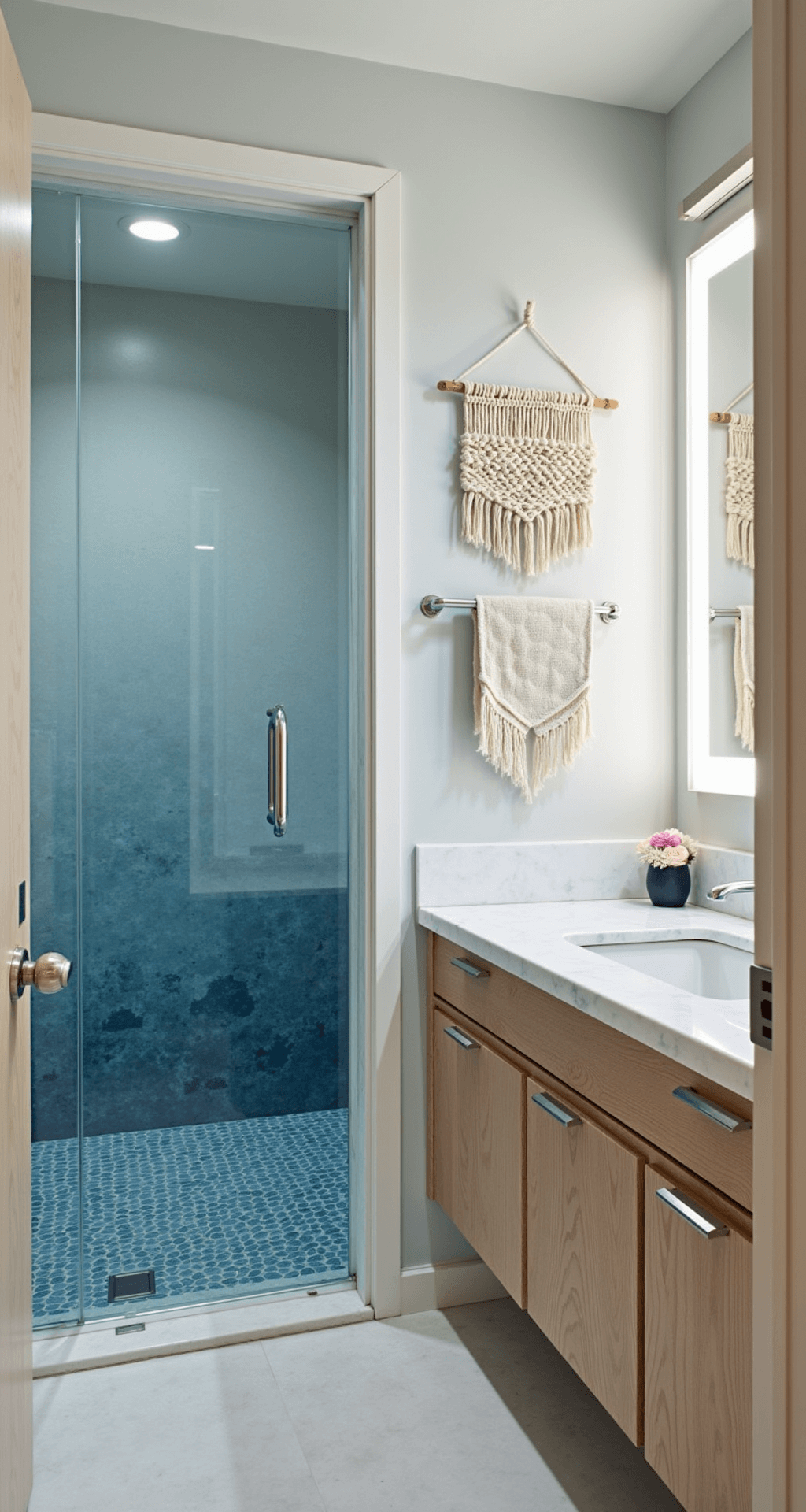 Blue Bathroom Decor: Transform Your Space into a Coastal Oasis A contemporary beach house guest bathroom featuring pale blue-gray venetian plaster walls, a glass-enclosed shower with blue ombré tiles, a floating bleached oak vanity with Carrara marble top, a macramé wall hanging, and coastal photography in whitewashed frames, all illuminated by morning light and LED strips behind the mirror.