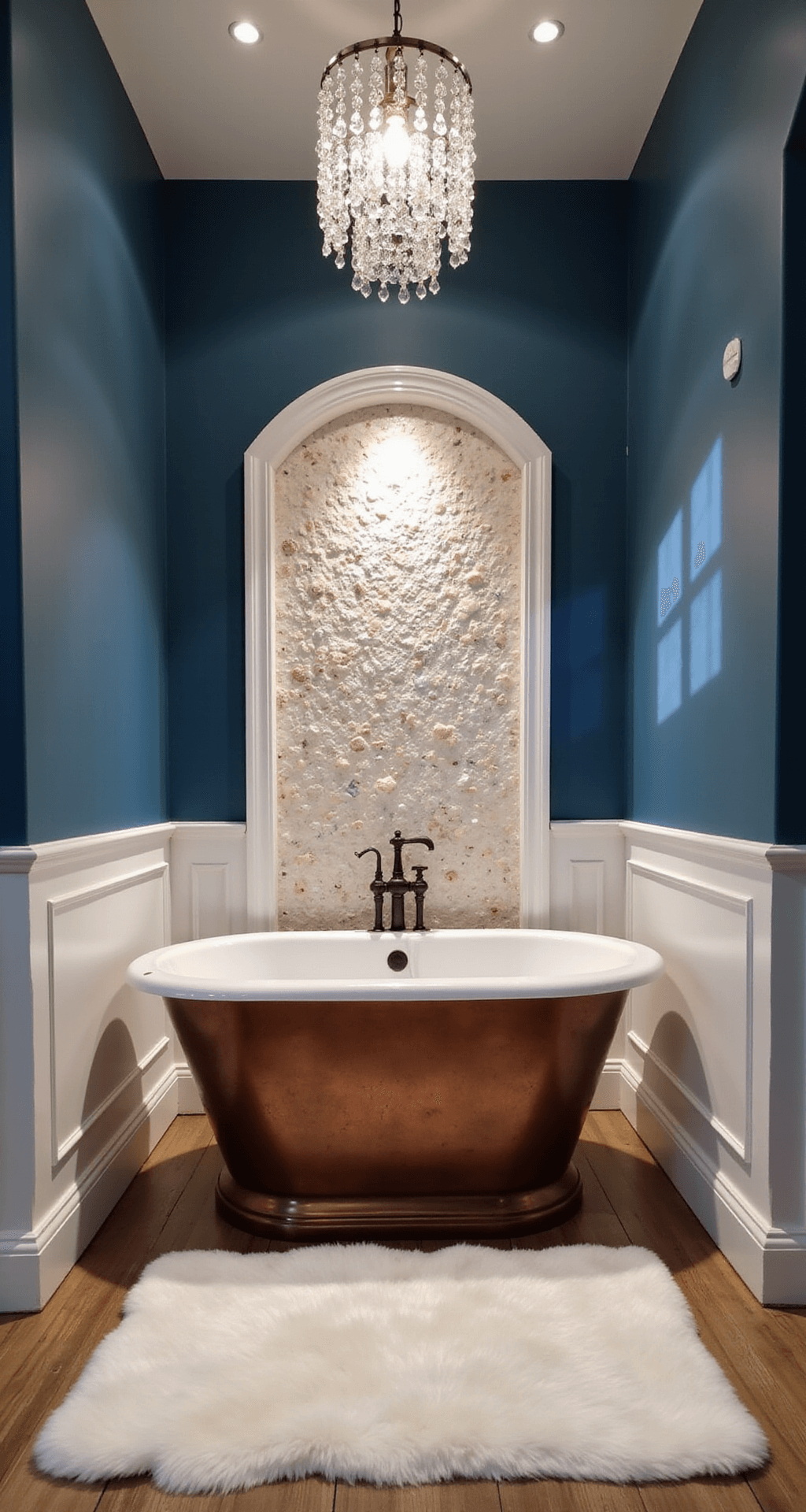 Blue Bathroom Decor: Transform Your Space into a Coastal Oasis Luxurious spa-inspired master bath featuring deep ocean blue walls with white wainscoting, illuminated by dusk lighting and a chandelier with crystal droplets. A freestanding copper soaking tub is centered against a seashell mosaic feature wall in mother of pearl tones, with a plush white area rug over bleached hardwood floors, all captured from an elevated position.