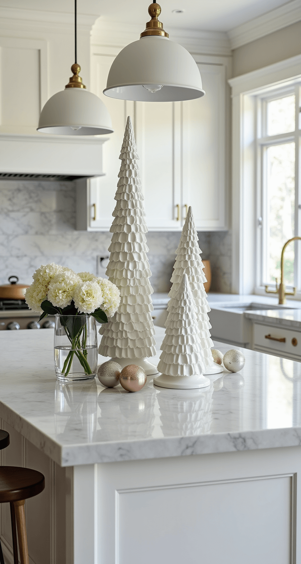 A modern kitchen featuring a white marble island adorned with graduated white ceramic trees dusted with artificial snow, brass hardware on white cabinetry, and white hydrangeas in clear glass vases. Metallic ornaments are scattered around, with white pendant lights above and a view through the windows, captured from counter height, evoking a fresh sophisticated mood.