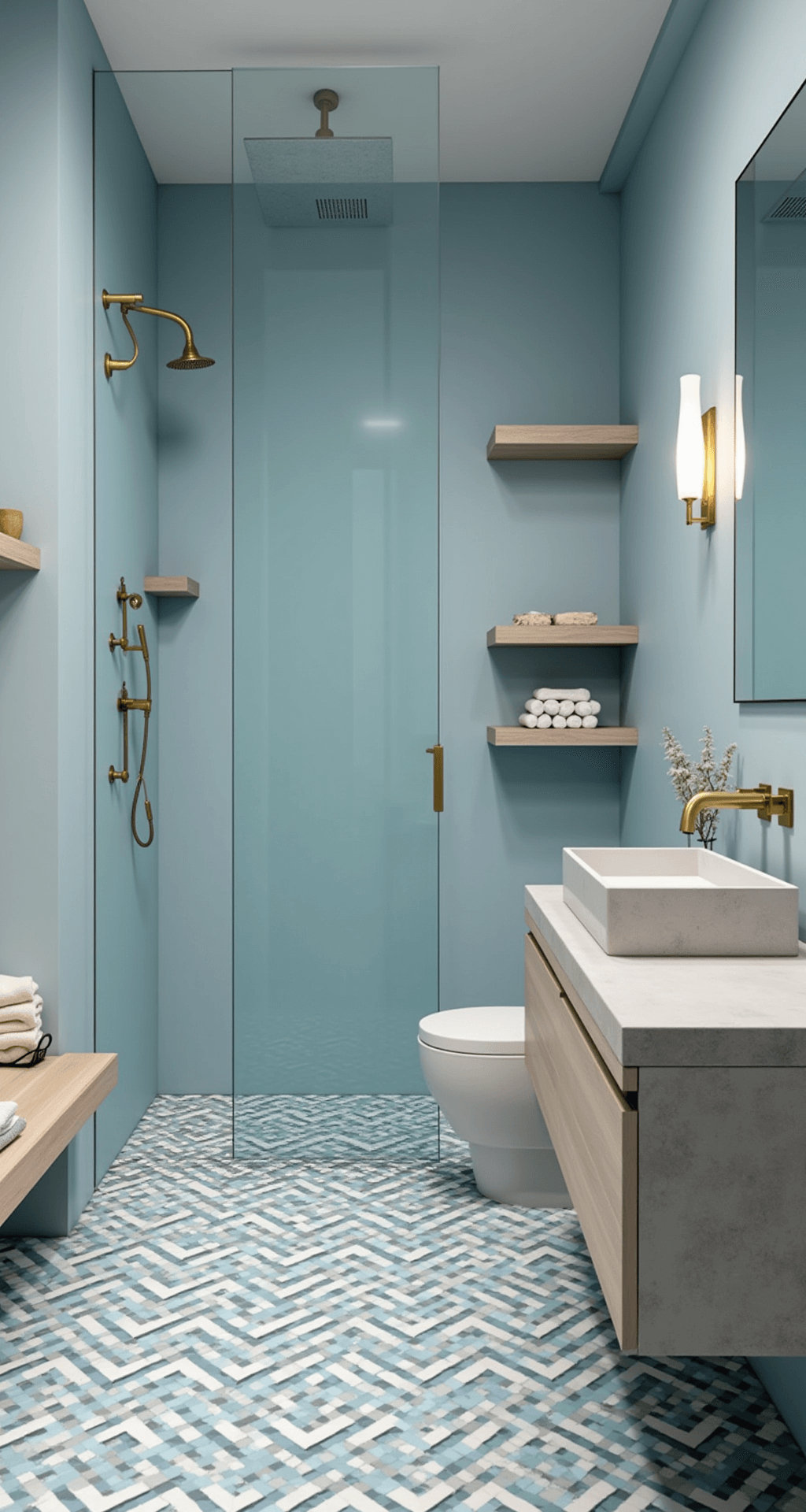 Blue Bathroom Decor: Transform Your Space into a Coastal Oasis Modern minimalist bathroom featuring ice blue walls, white oak floating shelves, a glass partition shower with a rainfall head, and a pebble floor. A concrete vanity top with an integrated sink complements geometric blue and white abstract wave-patterned floor tiles. Simple brass fixtures add elegance, with bright, even lighting enhancing the clean lines and contemporary zen atmosphere.