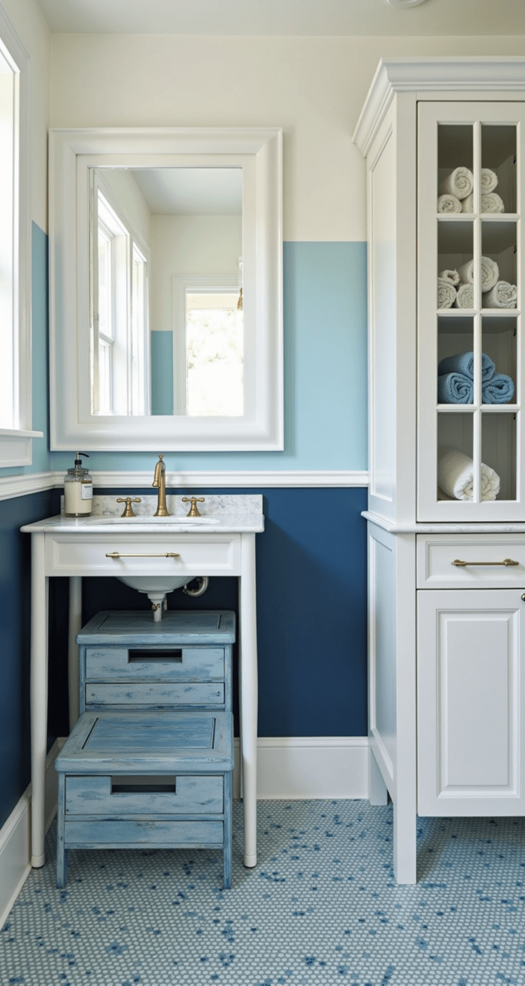 Blue Bathroom Decor: Transform Your Space into a Coastal Oasis A spacious family bathroom measuring 10x12ft, featuring two-tone navy and pale blue walls divided by a white chair rail, a double white vanity with marble tops, and a penny tile floor in blue ombré. The design includes a built-in storage tower with glass doors showcasing rolled towels and weathered blue wooden children's step stools, all illuminated by soft, diffused natural light, creating a practical yet playful coastal atmosphere.