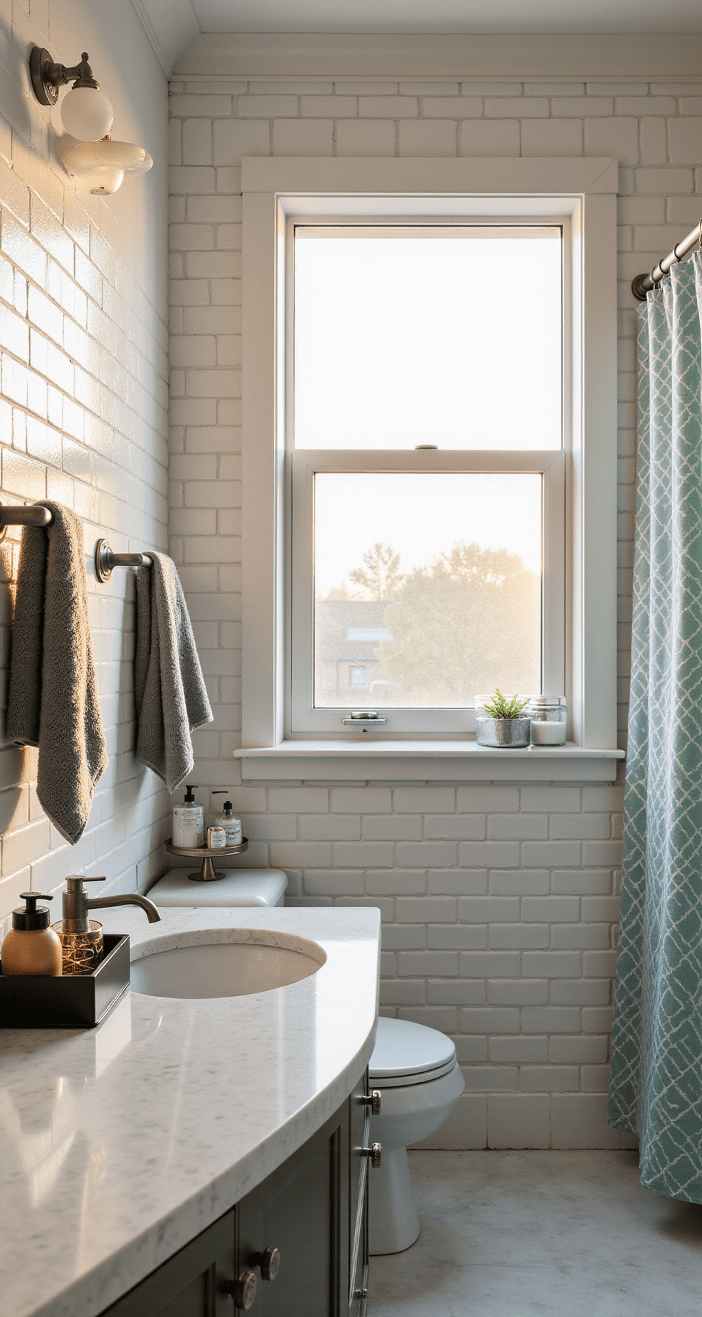 Transforming Your College Bathroom: A Complete Styling Guide A bright, modern college bathroom at golden hour with sunlight illuminating white subway tiles, a marble-effect countertop, chrome fixtures, rose gold accessories, a plush gray towel, a sage green patterned shower curtain, and clear acrylic storage, photographed from a low angle for depth.