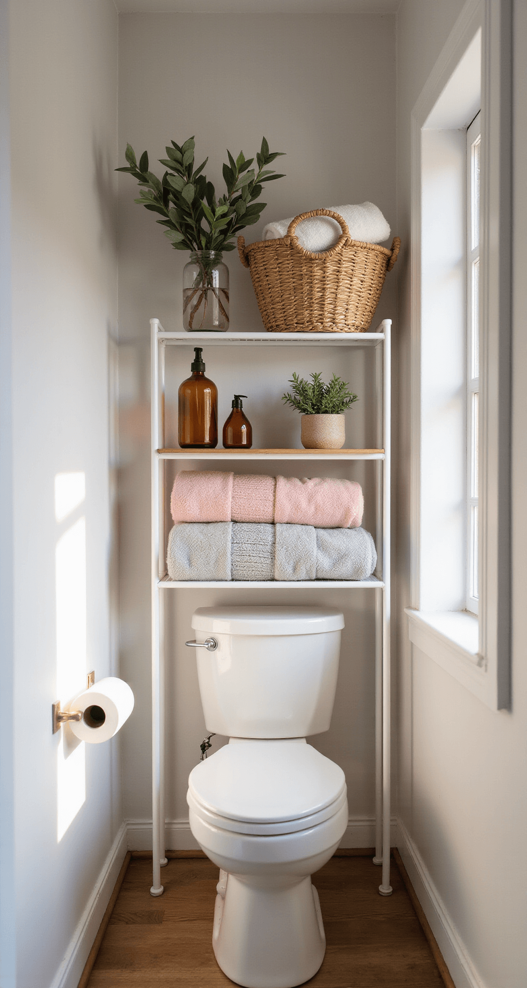 Transforming Your College Bathroom: A Complete Styling Guide Intimate morning scene of a compact dorm bathroom at sunrise, featuring a neatly organized white metal over-toilet storage unit with seagrass baskets and eucalyptus stems, blush pink and dove gray towels, a floating shelf with amber glass containers and a snake plant, illuminated by warm morning light and soft-box lighting.
