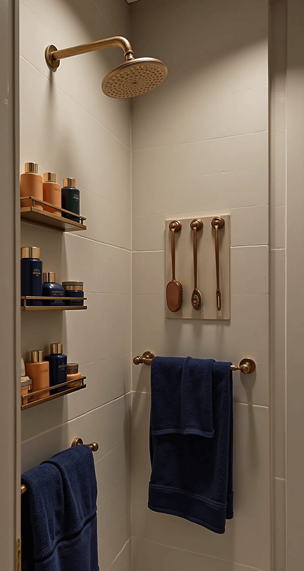Transforming Your College Bathroom: A Complete Styling Guide A stylish evening bathroom scene in a shared college space, featuring a brushed brass shower caddy with color-coordinated products against cream tiles, a magnetic strip displaying rose gold grooming tools, navy blue Turkish towels, and ambient LED strip lighting, all captured from an elevated angle to highlight smart storage solutions.