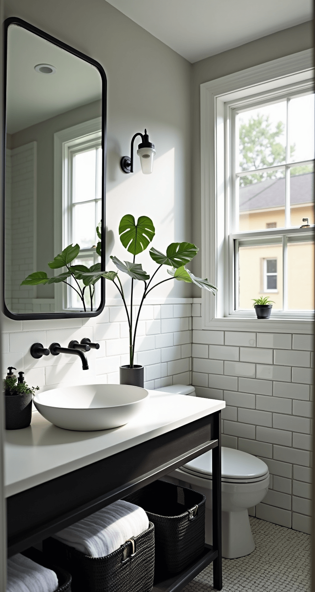 Transforming Your College Bathroom: A Complete Styling Guide A sun-drenched college bathroom featuring a monochromatic design with matte black fixtures, white tiles, woven black storage baskets, and a black-framed mirror, complemented by a small monstera plant, all highlighted by mid-morning natural light.