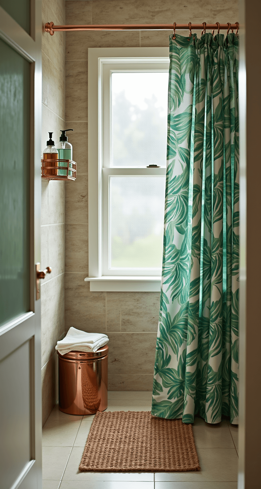 Transforming Your College Bathroom: A Complete Styling Guide Cozy corner shower scene with emerald and white botanical shower curtain, copper shower caddy holding glass dispensers, textured stone-look tiles, and bamboo bath mat, illuminated by late afternoon light through a frosted window. Warm accent lighting enhances metallic details, creating a tropical spa-inspired atmosphere.