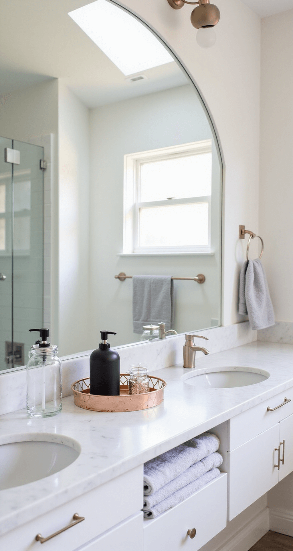 Transforming Your College Bathroom: A Complete Styling Guide Modern minimal vanity setup in a shared bathroom featuring a white marble-effect counter with clear glass canisters, a matte black soap dispenser, and a geometric copper tray, complemented by an oversized round mirror reflecting natural light from a skylight above. Pale gray hand towels enhance the aesthetic, captured from above eye-level with diffused overhead lighting for a clean, sophisticated look.