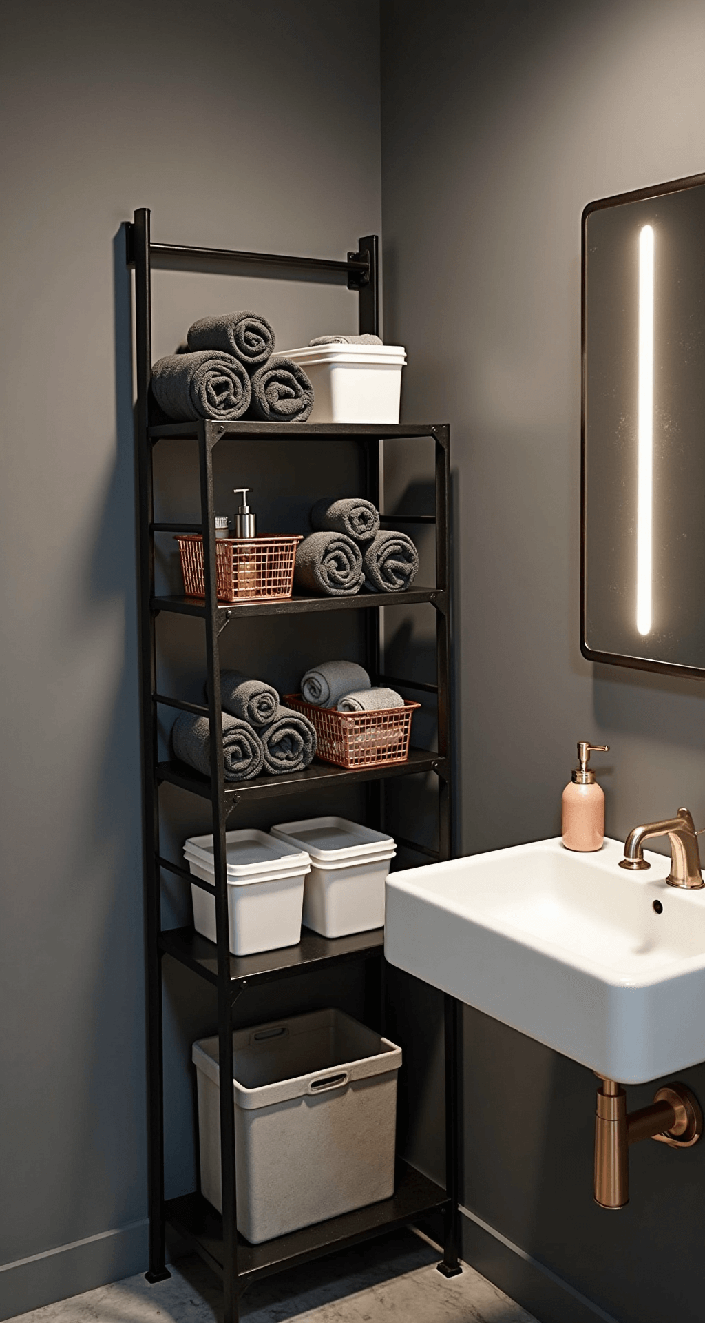 Transforming Your College Bathroom: A Complete Styling Guide Dramatic evening bathroom featuring an industrial-style metal ladder shelf displaying rolled towels and storage boxes, complemented by copper wire baskets against gray walls, with warm LED lighting and a mixed lighting setup for a modern luxurious ambiance.