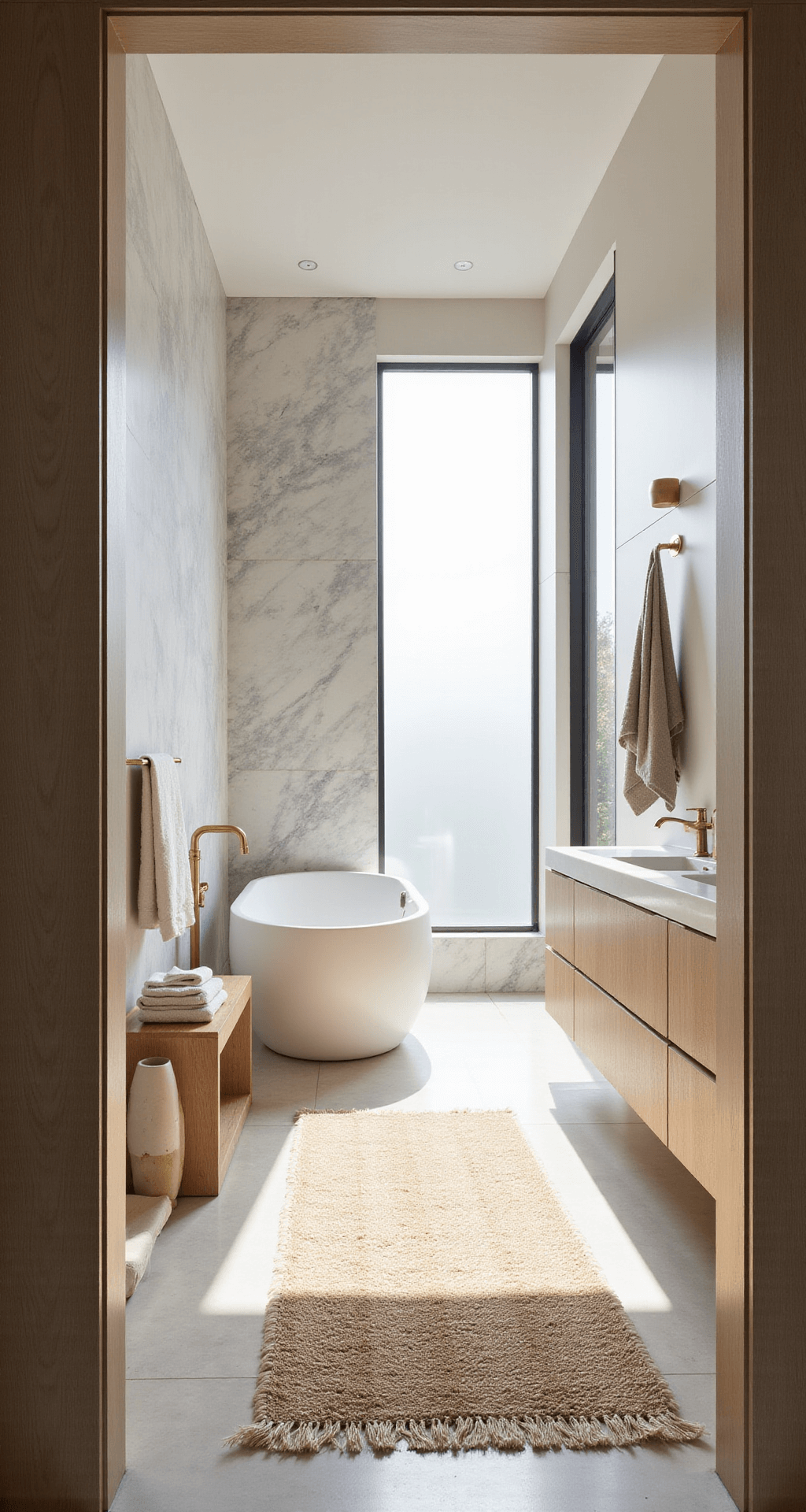 Bathroom Decor Aesthetic: Your Ultimate Guide to Creating Instagram-Worthy Spaces Luxurious modern spa bathroom featuring a freestanding oval tub on a marble accent wall, a floating double vanity, and bright natural light from a large window.