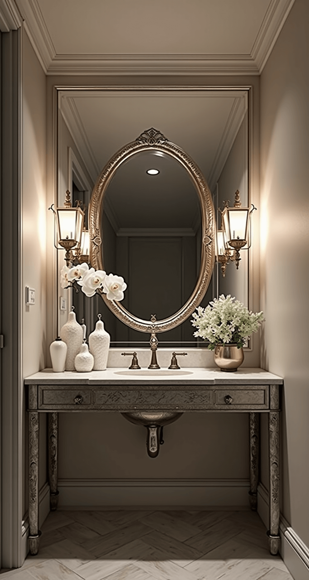 Intimate shot of a petite powder room featuring a silver-leafed vanity adorned with crystal vessels and a white orchid, illuminated by candlelight reflecting off an antiqued mirror. The herringbone marble floor adds texture to the elegant ambiance.