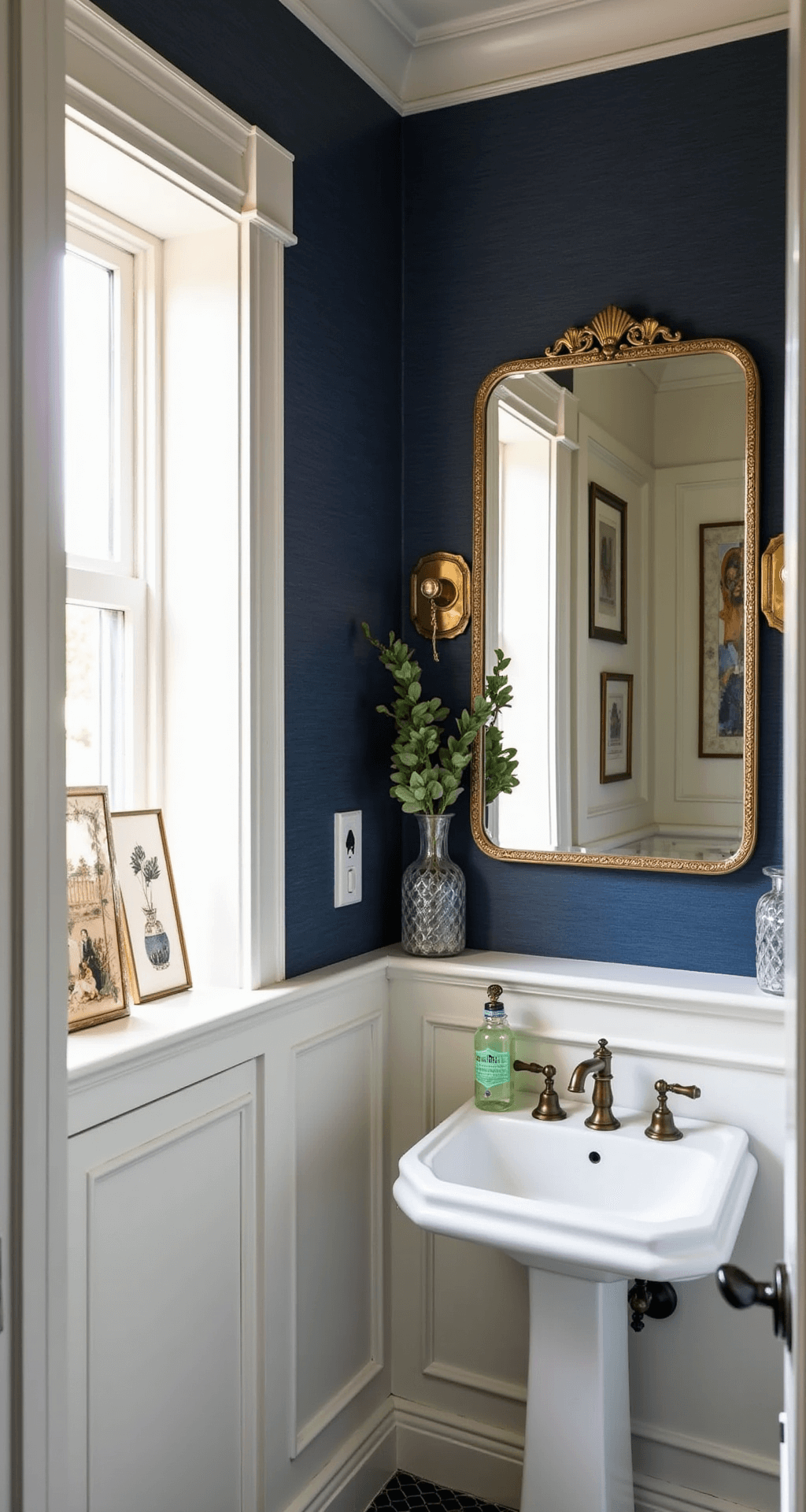 Bathroom Decor Aesthetic: Your Ultimate Guide to Creating Instagram-Worthy Spaces Intimate vintage-modern powder room featuring navy grasscloth wallpaper, white wainscoting, and architectural crown molding. Afternoon light filters through a small window with cafe curtains, illuminating an antique brass mirror above a pedestal sink with a bridge faucet. The decor includes crystal decanters, fresh eucalyptus, and vintage art prints, with rich jewel tones and brass accents visible in a low angle shot that captures the ceiling detail and mirror reflection.
