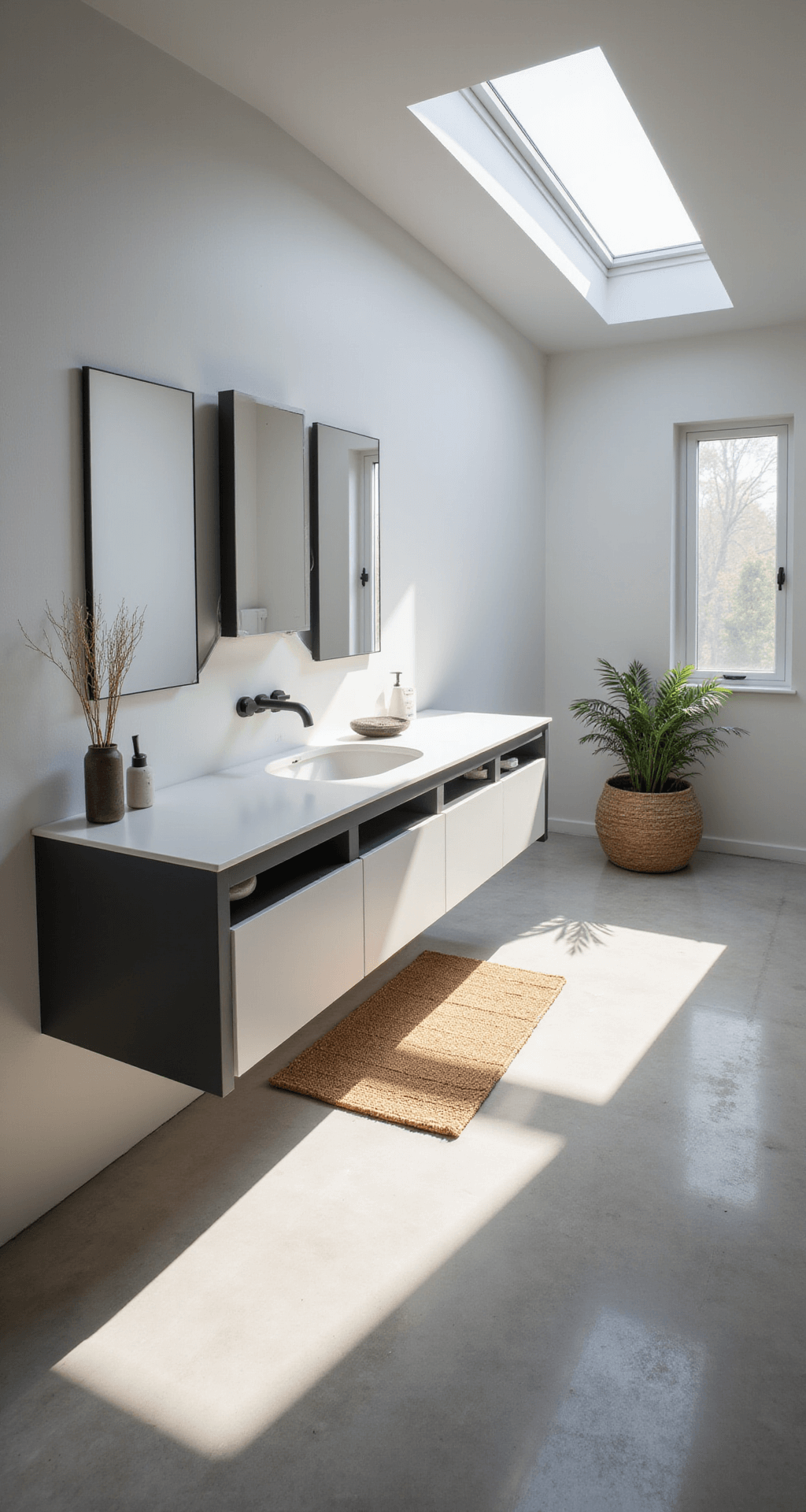 Bathroom Decor Aesthetic: Your Ultimate Guide to Creating Instagram-Worthy Spaces A minimalist zen bathroom featuring a clean-lined 10x12ft layout with skylights casting dramatic shadows, light gray concrete floors with geometric patterns, a wall-mounted white vanity with an integrated sink, black matte fixtures, natural elements like a bamboo bath mat and stone vessel, and a monochromatic palette emphasized in a bird's eye view.