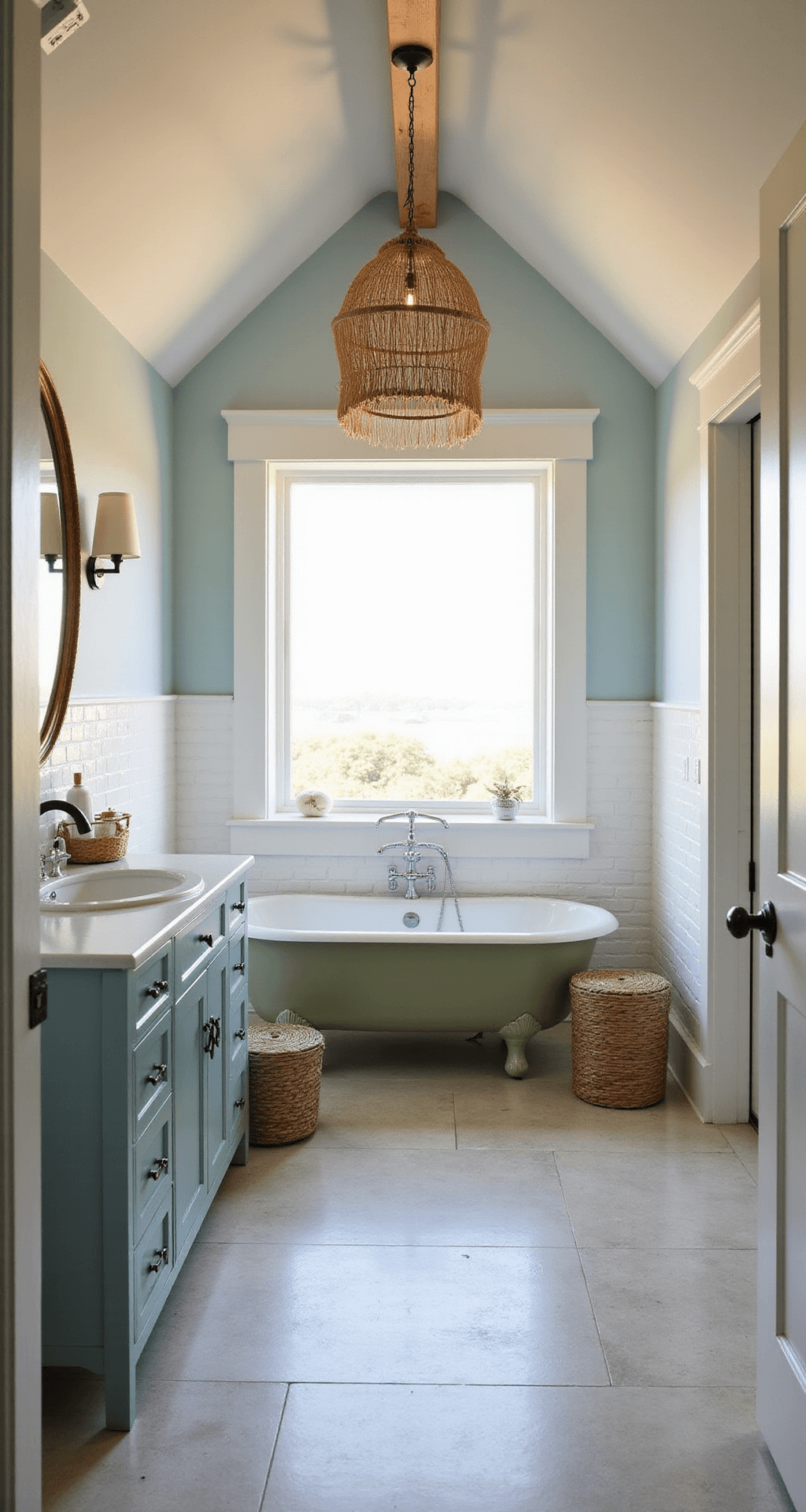 Bathroom Decor Aesthetic: Your Ultimate Guide to Creating Instagram-Worthy Spaces A wide-angle view of a coastal chic master bathroom featuring a sage green clawfoot tub, seagrass pendant light, white subway tile walls, and a pale blue vanity. The room is illuminated by golden hour light, showcasing a driftwood mirror, woven baskets, and a collection of glass floats against an ocean view.