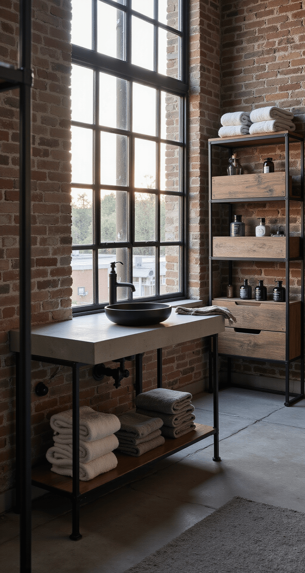 Bathroom Decor Aesthetic: Your Ultimate Guide to Creating Instagram-Worthy Spaces Industrial modern bathroom featuring an 8x10ft space with an exposed brick wall, steel-framed shower enclosure, and dramatic evening light from an industrial window. The scene includes a concrete vanity top with a matte black vessel sink, a metal and wood shelving unit displaying towels and toiletries, and a mix of raw materials with warm woods and metal finishes, all in moody grays, blacks, and warm browns, captured in a Dutch angle shot to emphasize vertical lines and industrial elements.