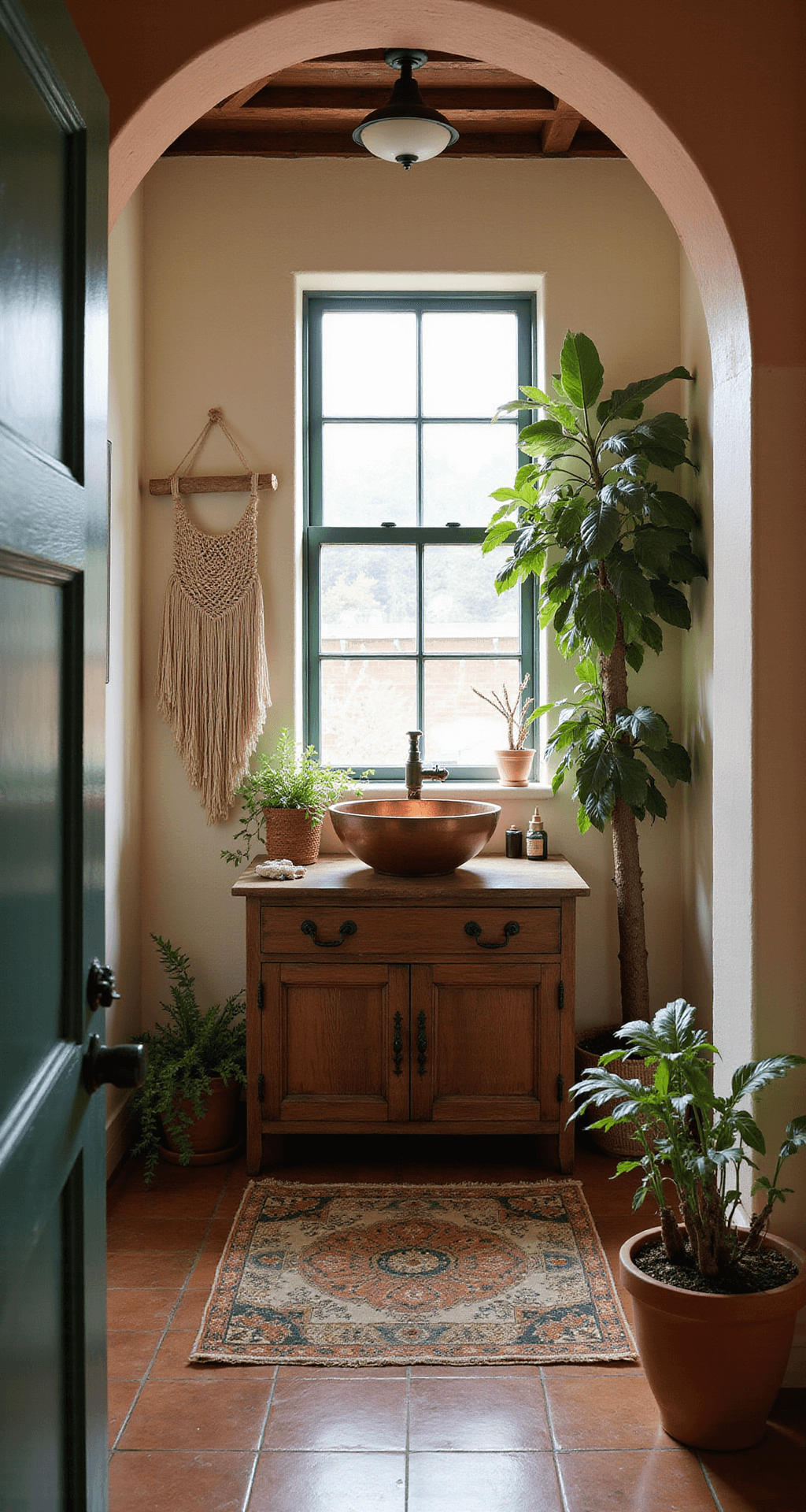 Bathroom Decor Aesthetic: Your Ultimate Guide to Creating Instagram-Worthy Spaces Cozy 9x11ft Bohemian eclectic bath featuring a rounded archway entrance, diffused late morning light, Moroccan-inspired cement tile floor, vintage wood vanity with a copper vessel sink, macramé wall hanging, potted plants, and global artifacts, all in a warm terracotta, sage green, and cream palette, showcasing layered textures and patterns.
