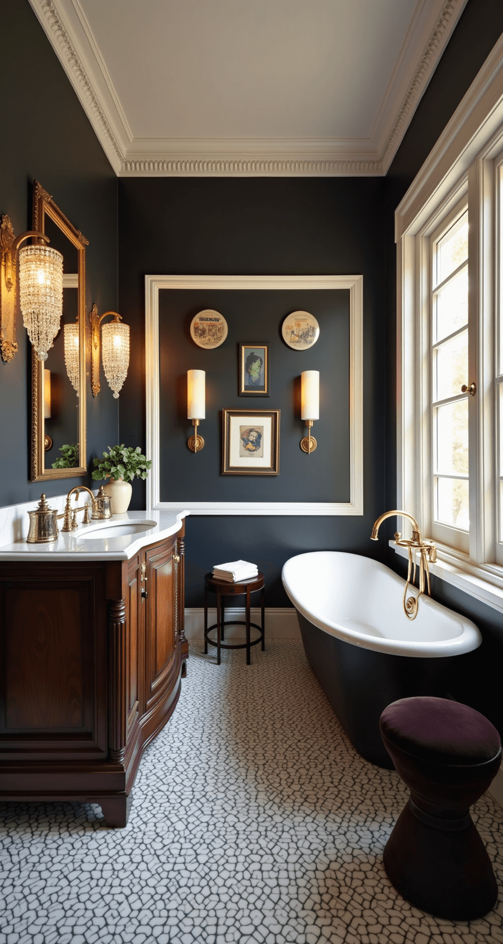 Bathroom Decor Aesthetic: Your Ultimate Guide to Creating Instagram-Worthy Spaces Art Deco bathroom with original 1920s details, featuring a stepped bathtub alcove, curved dark walnut vanity with marble top, crystal sconces, black and white hexagon floor tiles, and jewel tone accents against a black, white, and gold palette.