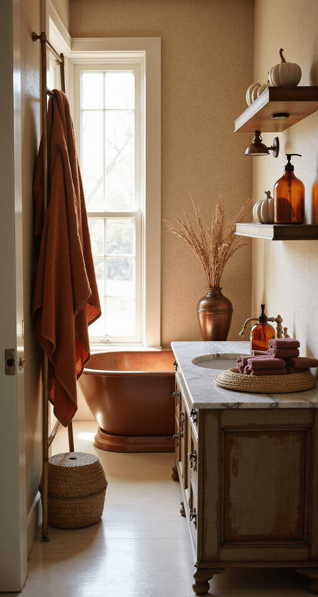Fall Bathroom Decor: Transform Your Space with Autumnal Warmth and Style Luxurious master bathroom featuring a freestanding copper soaking tub, antiqued brass ladder rack with burnt orange Turkish towels, weathered oak vanity with veined marble, and warm lighting from vintage bronze sconces on textured ivory wallpaper, all bathed in golden morning light.
