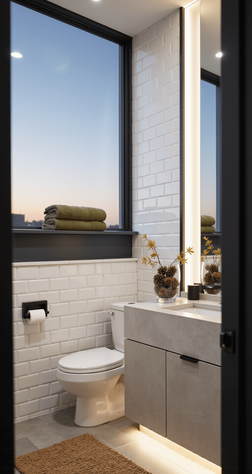 Fall Bathroom Decor: Transform Your Space with Autumnal Warmth and Style Modern minimalist bathroom reflected in a medicine cabinet mirror, featuring white subway tile walls, matte black fixtures, olive green towels, a glass vessel with oak leaves and pinecones, a concrete countertop, a jute rug, and warm LED lighting.