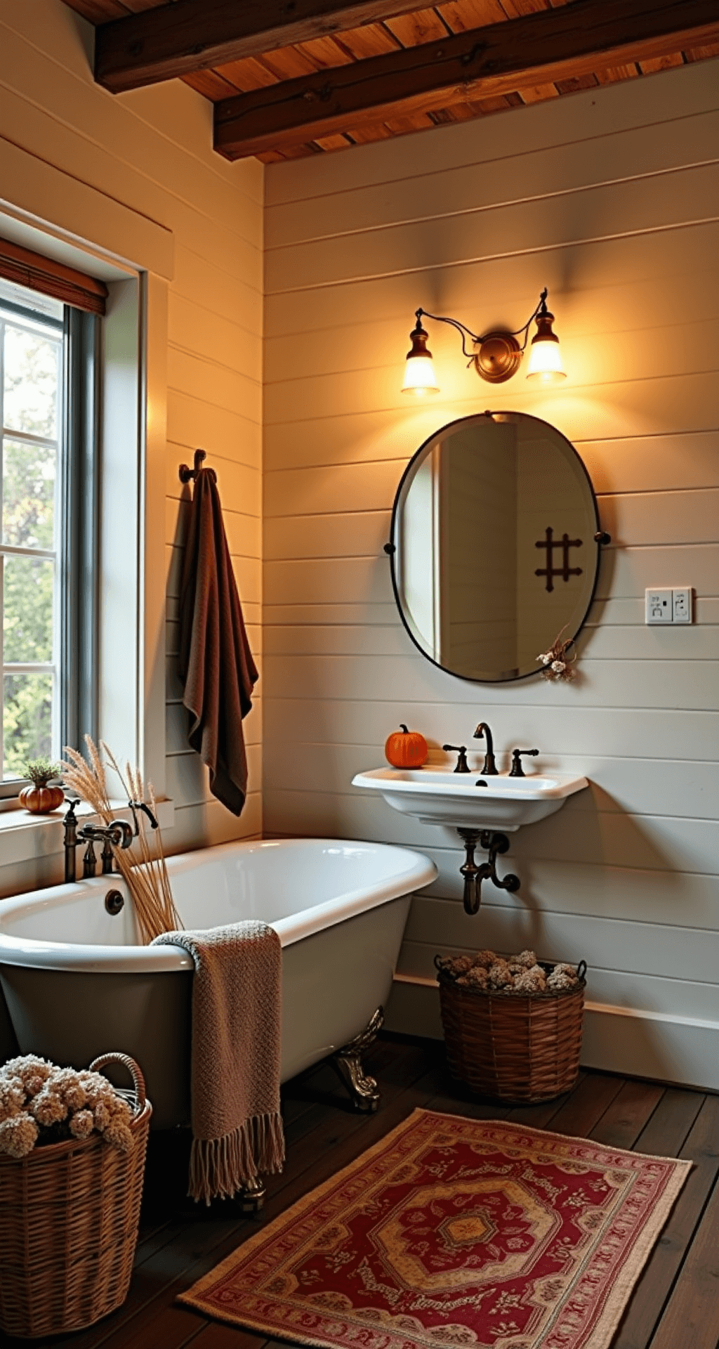 Fall Bathroom Decor: Transform Your Space with Autumnal Warmth and Style Cozy cottage bathroom at sunset featuring warm cream shiplap walls, a rustic wooden beam ceiling, and a clawfoot tub with a spiced pumpkin throw, illuminated by amber LED candles and accented with deep red Turkish runner, copper wire accessories, and a woven basket of dried hydrangeas and wheat stalks.