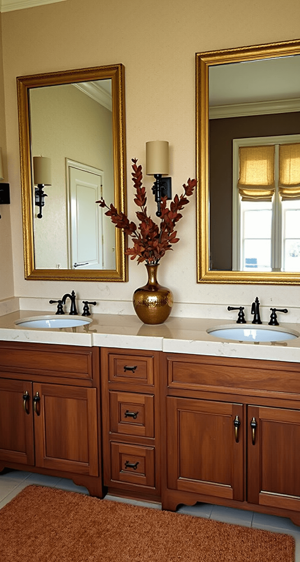 Fall Bathroom Decor: Transform Your Space with Autumnal Warmth and Style Spa-inspired master bath featuring twin marble-topped vanities with gold-rimmed mirrors and glass sconces, illuminated by morning light filtering through roman shades. A centerpiece of preserved magnolia leaves in a hammered copper vase sits between the vanities, complemented by a plush cinnamon bath mat and warm wood cabinetry against metallic wallpaper.