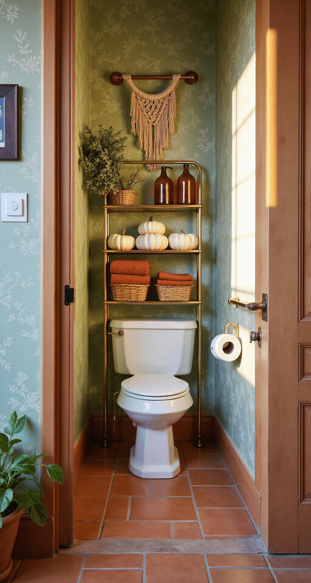 Fall Bathroom Decor: Transform Your Space with Autumnal Warmth and Style A cozy Bohemian guest bathroom featuring terracotta floor tiles and sage green botanical wallpaper, with vintage brass étagère showcasing amber glass bottles and white ceramic pumpkins, a macramé wall hanging above the toilet, woven storage baskets of rust-colored towels, and a dried eucalyptus bundle hanging from a copper shower rod, all illuminated by warm golden hour light.