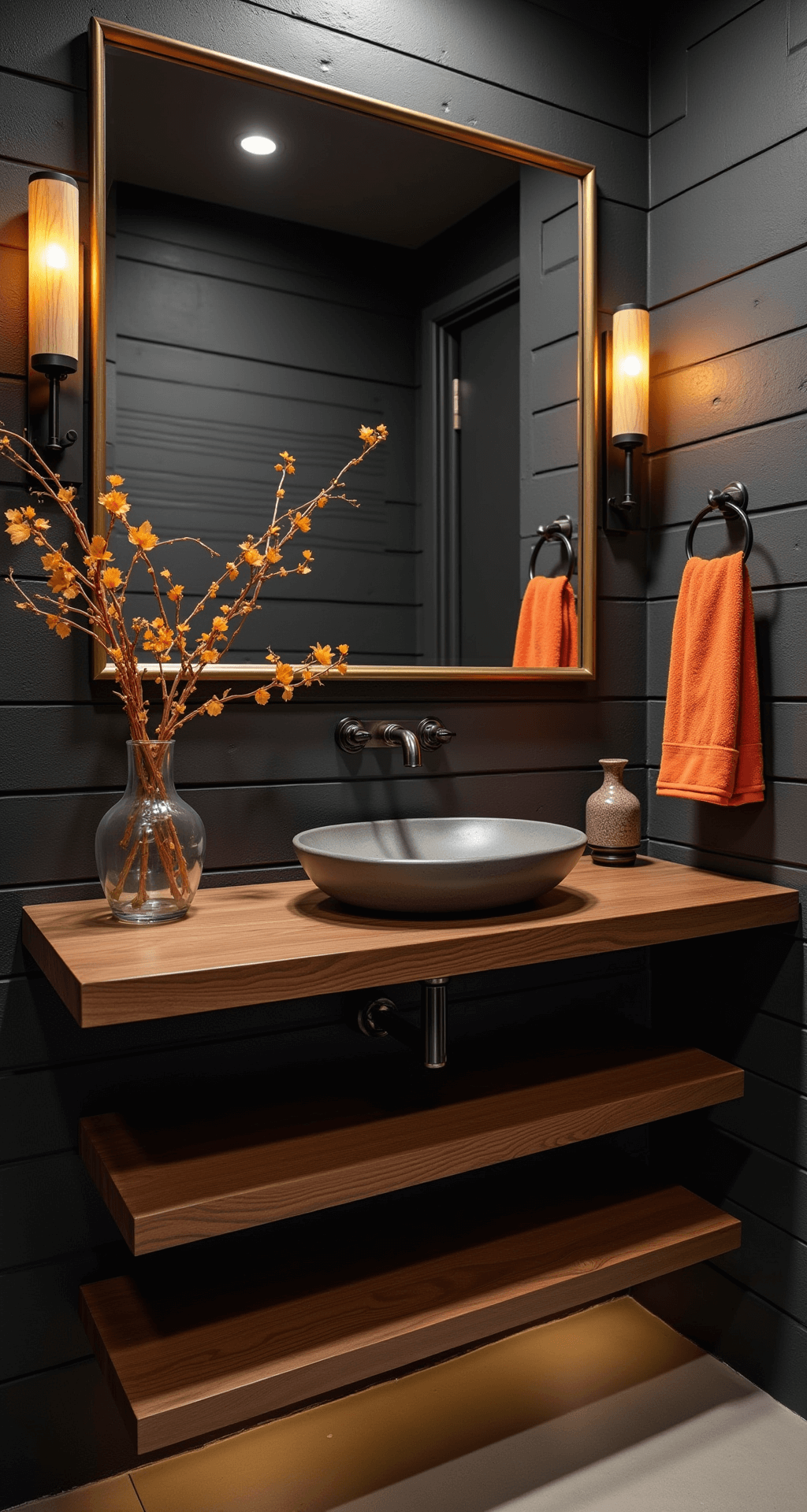 Fall Bathroom Decor: Transform Your Space with Autumnal Warmth and Style Contemporary powder room featuring a dramatic dark charcoal shiplap wall, oversized antique brass mirror, floating walnut vanity with a concrete vessel sink, and burnt orange hand towels, all illuminated by under-cabinet lighting for a moody atmosphere.