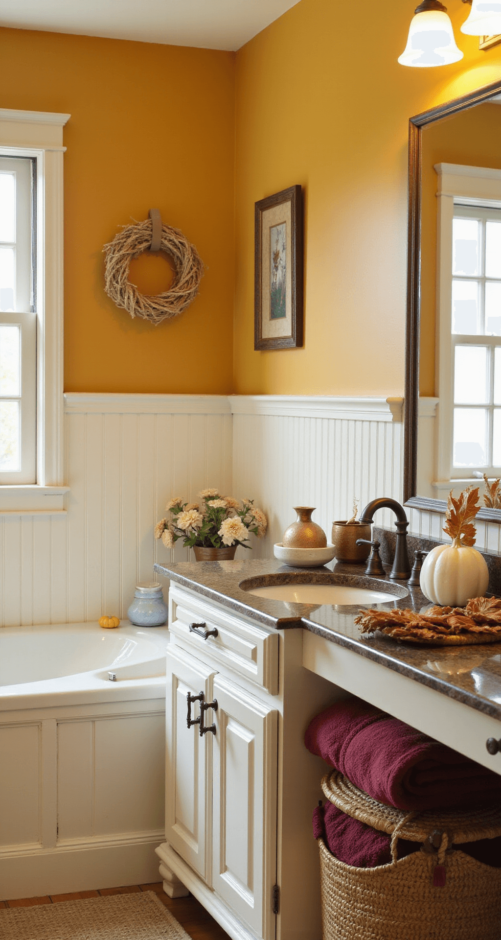 Fall Bathroom Decor: Transform Your Space with Autumnal Warmth and Style A cozy traditional family bathroom with cream beadboard lower walls and golden yellow upper walls, featuring chocolate brown granite counters, oil-rubbed bronze fixtures, and decor including white ceramic pumpkins and a dried oak leaf wreath, all lit by warm afternoon light.