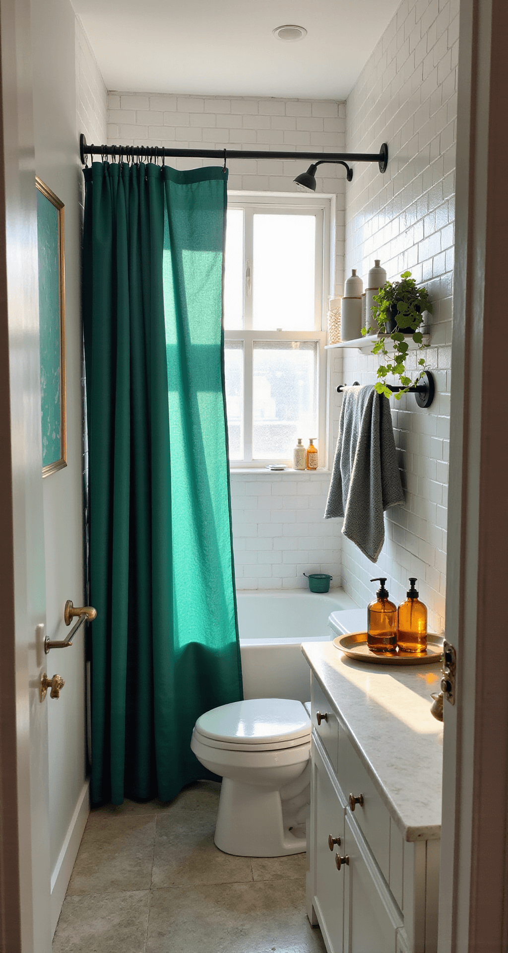 Transform Your Apartment Bathroom: A Renter's Guide to Stylish, No-Drill Decor A modern 6x8ft bathroom at golden hour, featuring an emerald green shower curtain, white subway-tiled walls with black hooks, a minimalist over-toilet shelf with ceramic containers and a pothos plant, and a vanity with a marble-look countertop and amber glass soap dispensers. Sunlight streams through a frosted window, captured from the doorway with a soft depth of field.