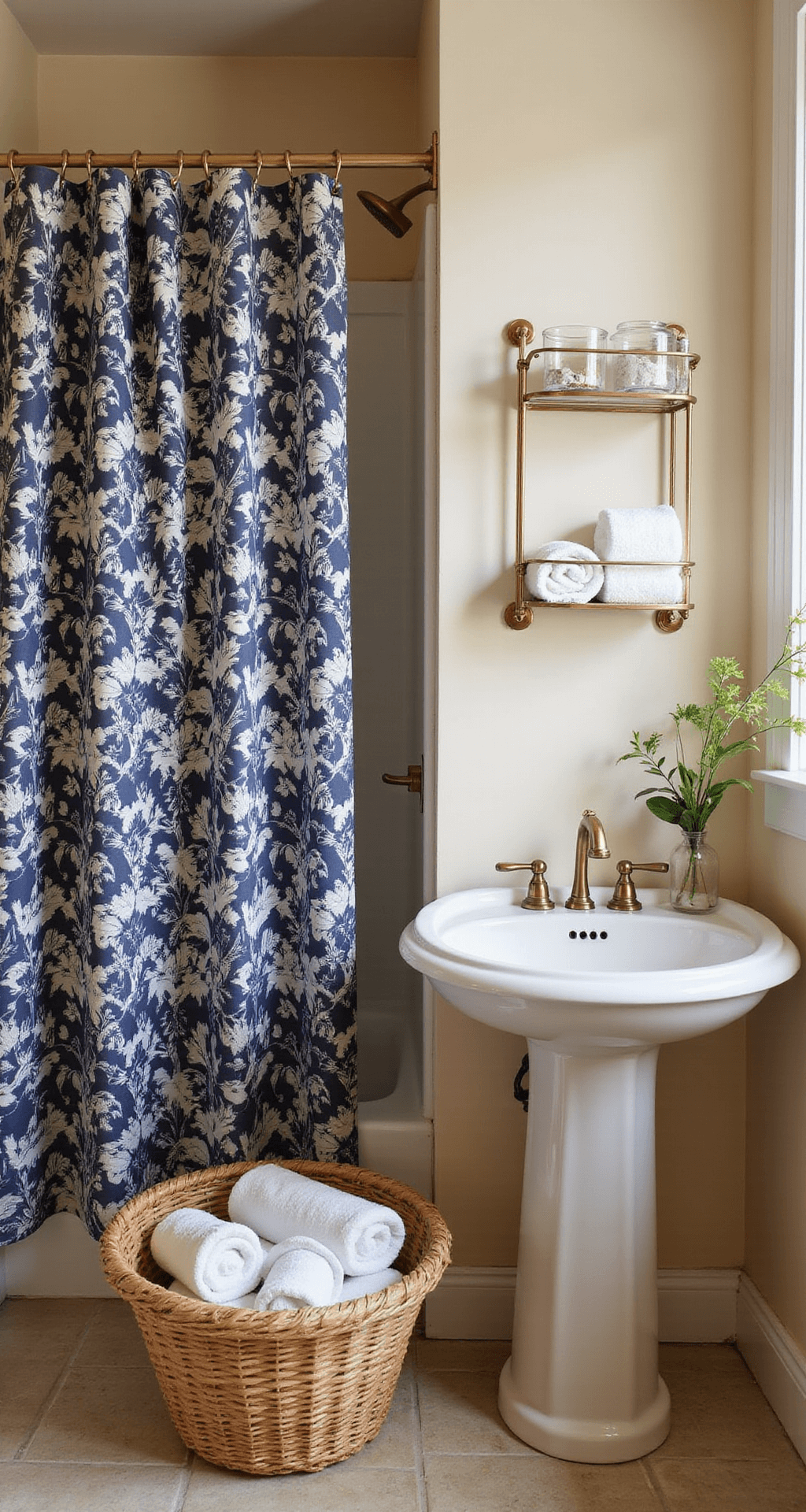 Transform Your Apartment Bathroom: A Renter's Guide to Stylish, No-Drill Decor A cozy 5x7ft bathroom featuring a vintage pedestal sink, a jute basket filled with rolled towels, and a navy and white botanical shower curtain, all bathed in soft morning light with warm beige walls and natural wood accents.