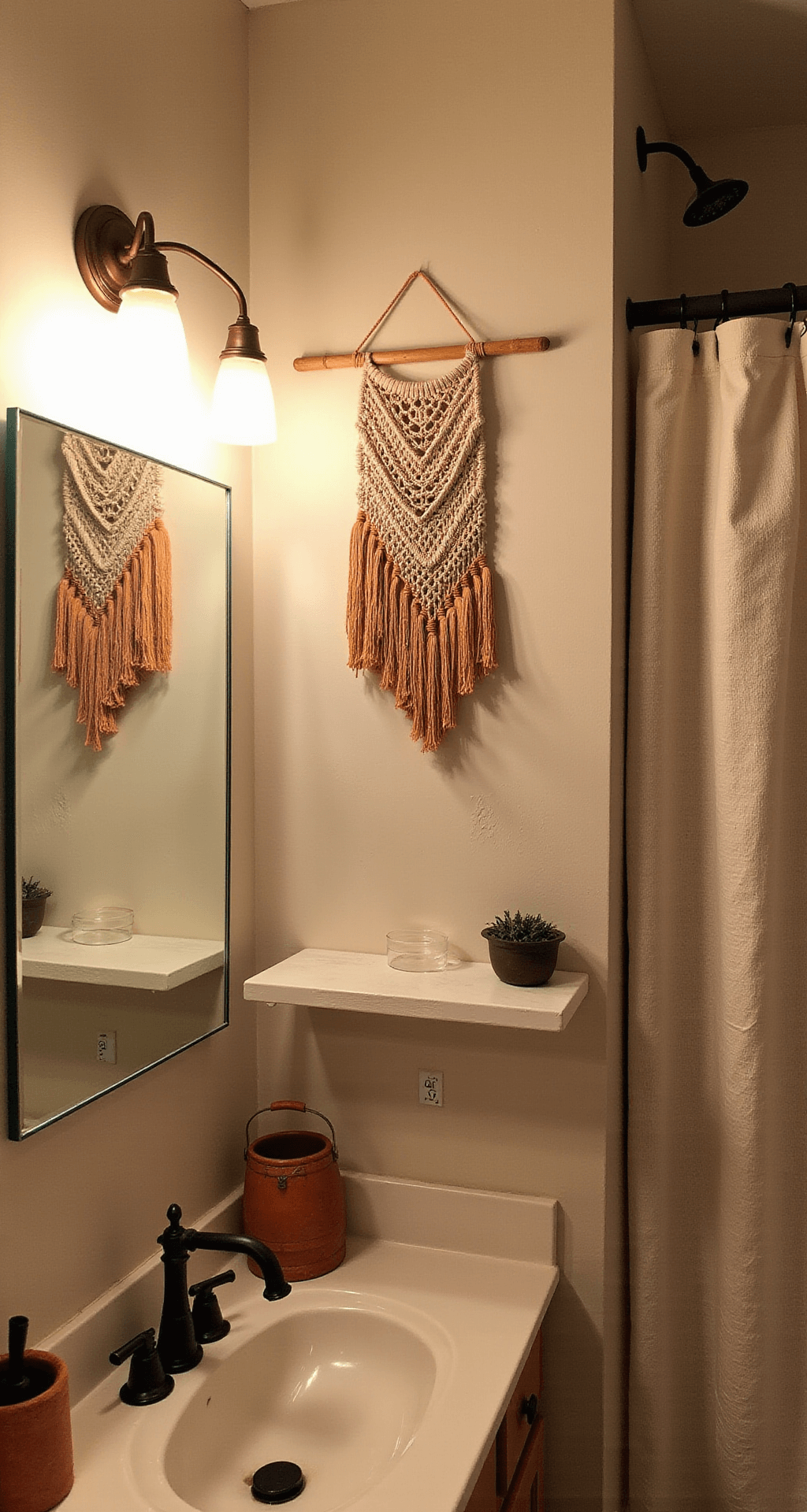 Transform Your Apartment Bathroom: A Renter's Guide to Stylish, No-Drill Decor A cozy 7x8ft bathroom at dusk, featuring warm LED sconces, a frameless mirror, terracotta accents, a macramé wall hanging, a white floating shelf, and a textured linen shower curtain, all enhancing a spa-like atmosphere.