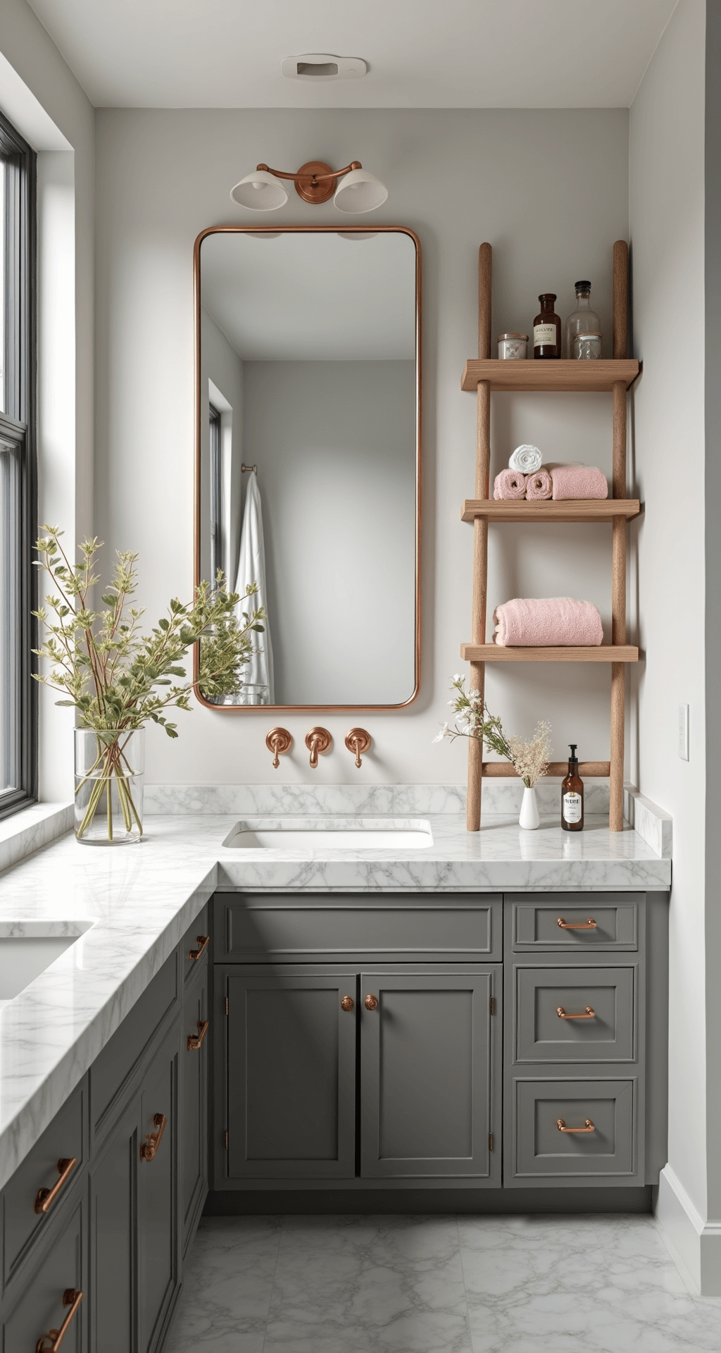 Transform Your Apartment Bathroom: A Renter's Guide to Stylish, No-Drill Decor A modern bathroom featuring a copper-framed mirror above a white marble-effect vanity, blush pink towels on light grey walls, and an artisanal ladder shelf with rolled towels and glass jars, all illuminated by soft morning light from a window.