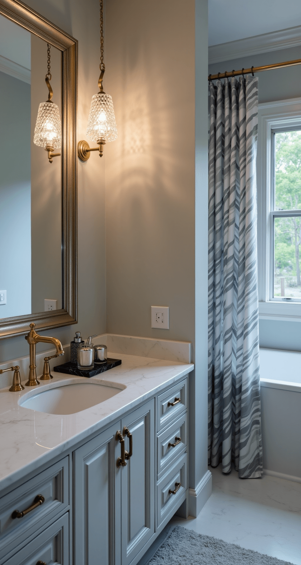 Transform Your Apartment Bathroom: A Renter's Guide to Stylish, No-Drill Decor An elegant bathroom with pearl-grey walls and a crystal pendant light creating prismatic patterns, featuring a champagne gold faucet and accessories on a black marble tray, with a grey and white striped shower curtain extending to the ceiling.