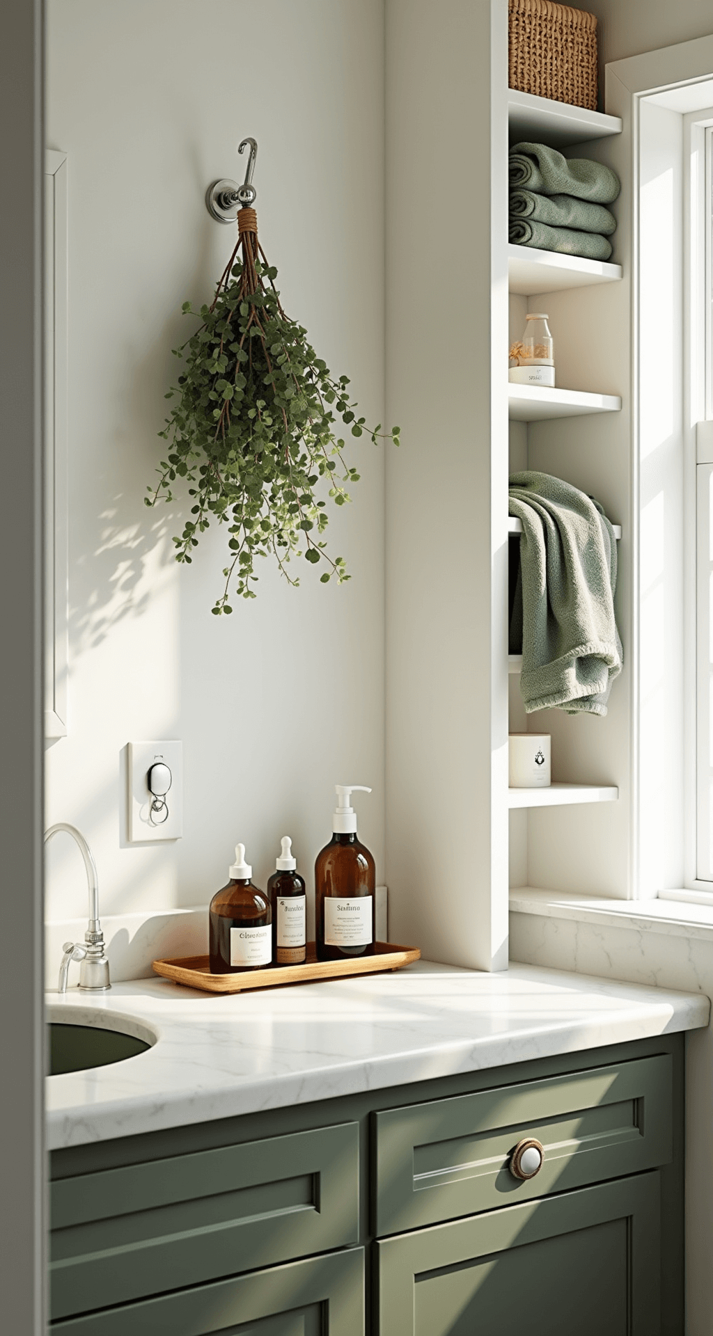 Transform Your Apartment Bathroom: A Renter's Guide to Stylish, No-Drill Decor A serene bathroom featuring white walls, sage green textiles, and rattan storage, illuminated by diffused afternoon light. A eucalyptus bunch hangs from a Command hook, and a vanity displays amber glass and white ceramic containers on a bamboo riser, emphasizing space and texture.