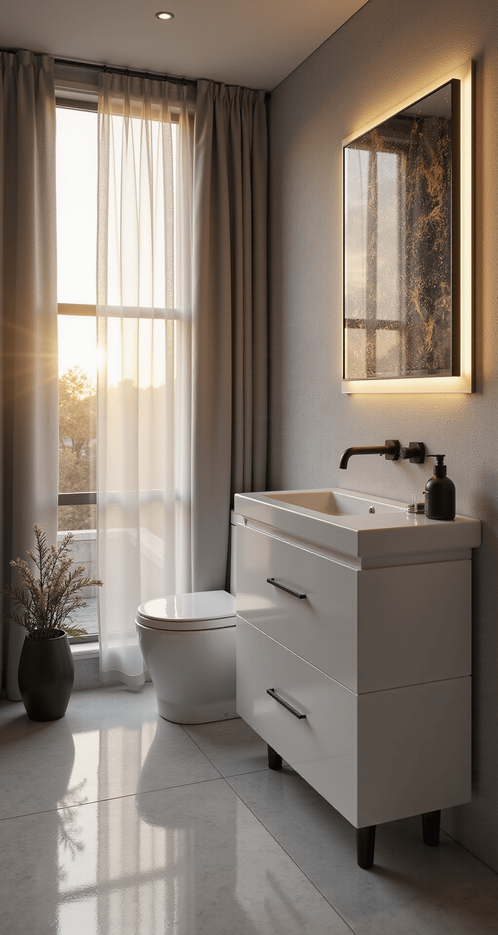 Transform Your Apartment Bathroom: A Renter's Guide to Stylish, No-Drill Decor Luxurious 8x6ft bathroom at sunrise with golden light filtering through sheer curtains, showcasing a modern white and charcoal color scheme, backlit mirror above a glossy white vanity with black matte accessories, oversized abstract art print, and sleek toilet reflected in strategically placed mirrors.
