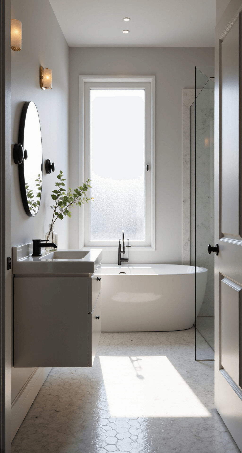 Minimalist Bathroom Decor: Creating Your Zen Sanctuary A minimalist bathroom featuring a floating white vanity with matte black hardware, a frameless oval mirror, and a freestanding oval tub, all bathed in morning light from a frosted window. The space has light grey walls, white marble hexagon floor tiles, and a glass-enclosed shower. A single eucalyptus branch in a clear vase adds an organic touch, while warm LED sconces flank the mirror, highlighting the clean lines and negative space.
