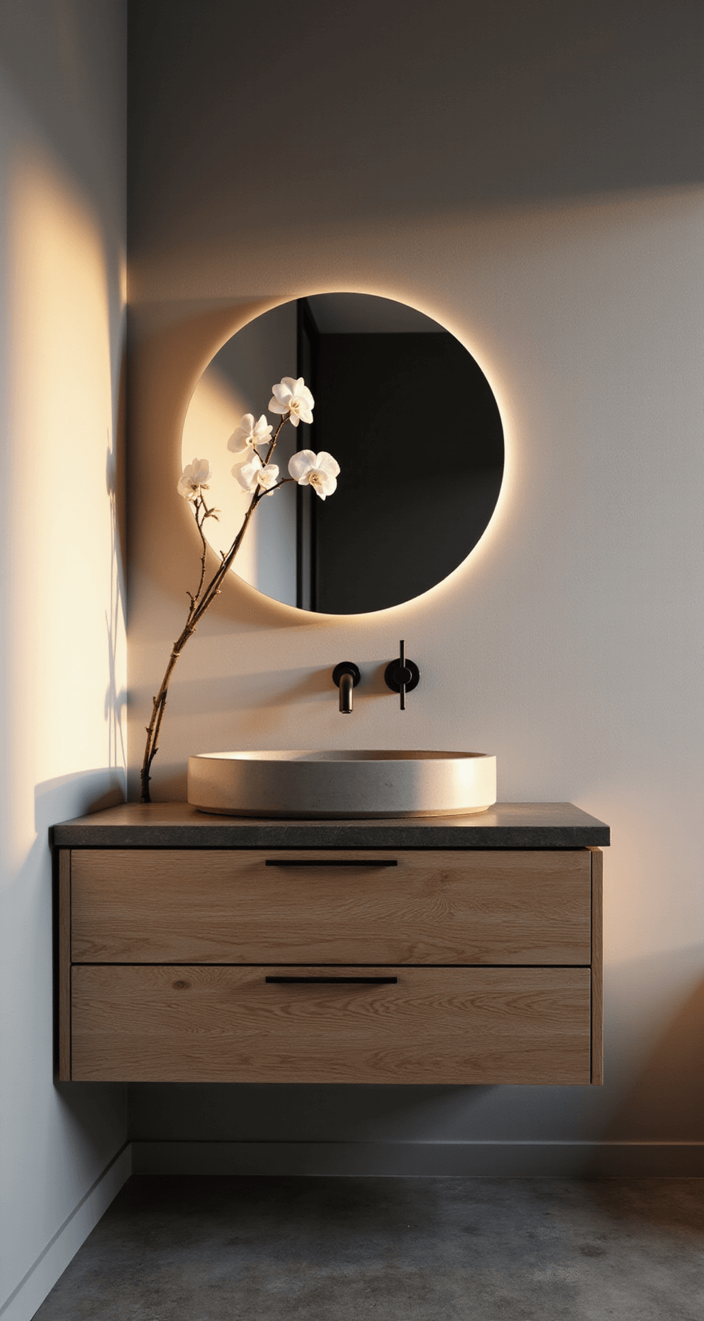 Minimalist Bathroom Decor: Creating Your Zen Sanctuary Intimate shot of a minimalist bathroom vanity with a wall-mounted concrete sink, bleached oak storage drawers, and a large circular mirror with LED lighting. A single white orchid reflects in the mirror, complemented by a matte black faucet and dramatic side lighting that highlights the texture of the materials. Warm greys and natural wood tones create a serene atmosphere.