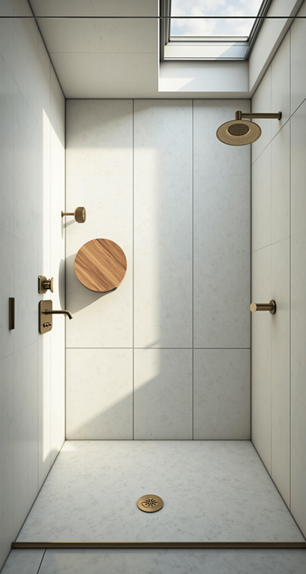 Minimalist Bathroom Decor: Creating Your Zen Sanctuary Overhead view of a minimalist shower space featuring a seamless glass enclosure with large-format white marble tiles, brushed brass fixtures, a linear brass drain, and a single teak shower stool, illuminated by natural light from a skylight.